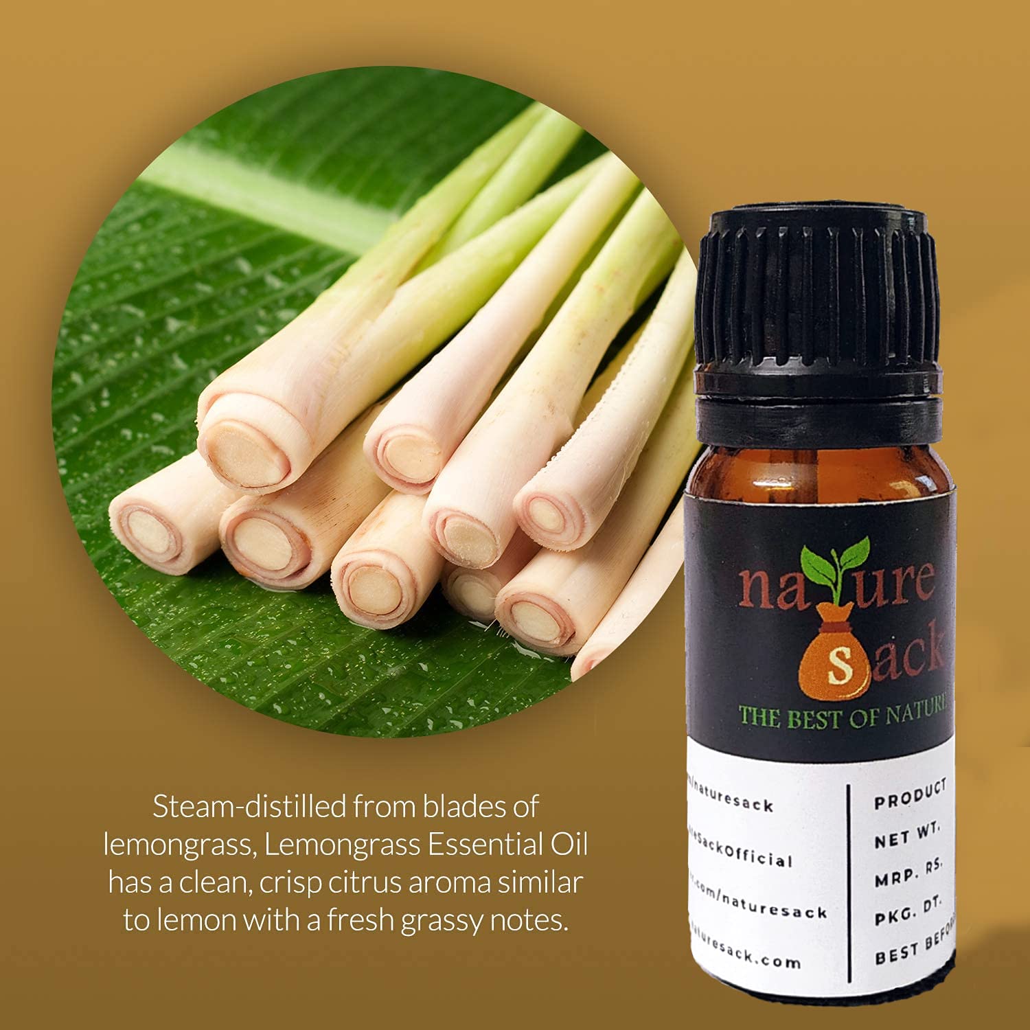 NatureSack Pure Lemongrass Essential Oil 25ml - Steam Distilled, 100% Natural Aromatherapy Oil for Diffusers, Soap Making, Bath Bombs, Candles - Relaxation, Stress Relief & Home Fragrance