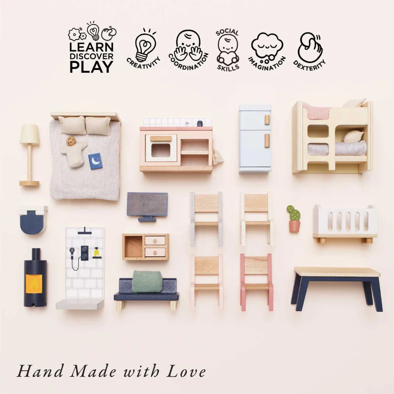 Complete Doll House Furniture Set for Kids - Miniature Wooden Bed, Sofa, Table & Chairs - Perfect for Playroom, Birthday Gifts & Pretend Play