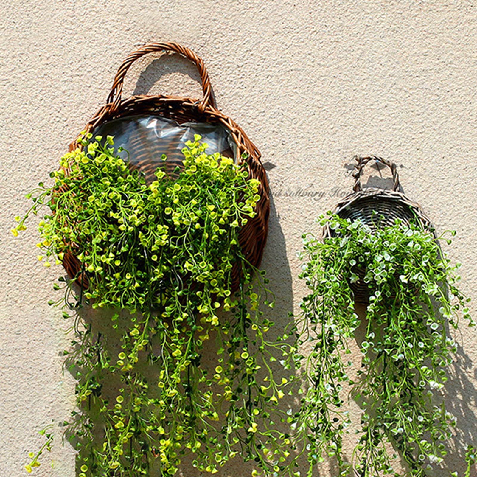 Handmade Woven Hanging Basket - Natural Wicker Rattan Wall Planter for Indoor/Outdoor Plants - Grey Wall Mounted Flower Pot for Home, Garden, Balcony & Wedding Decor