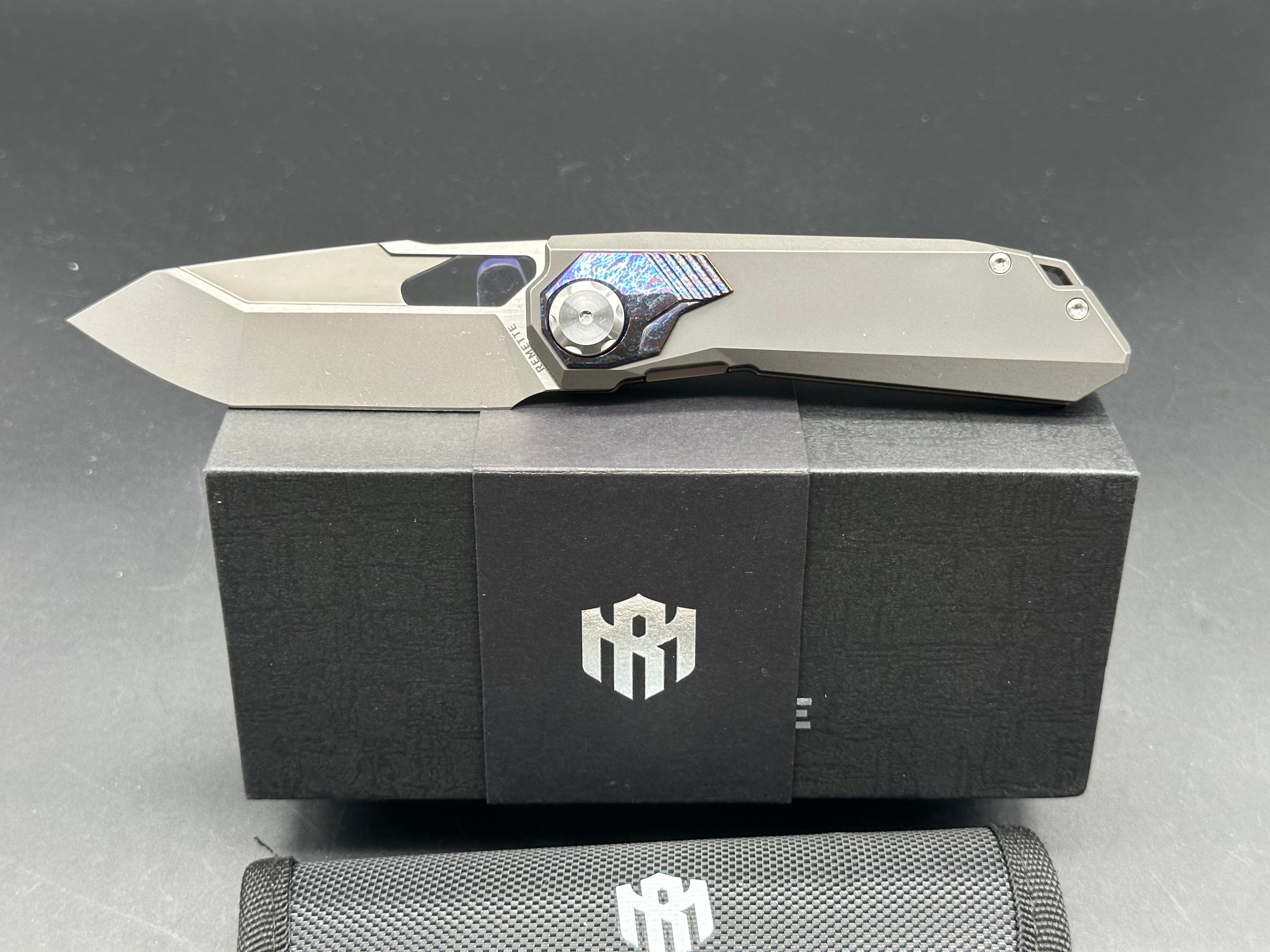 REMETTE RT Peregrine Falcon Titanium & Color Inlay Handle M390 Reverse Tanto Plain Edge Knife - Outdoor Survival, Hunting, Camping & EDC Gear
