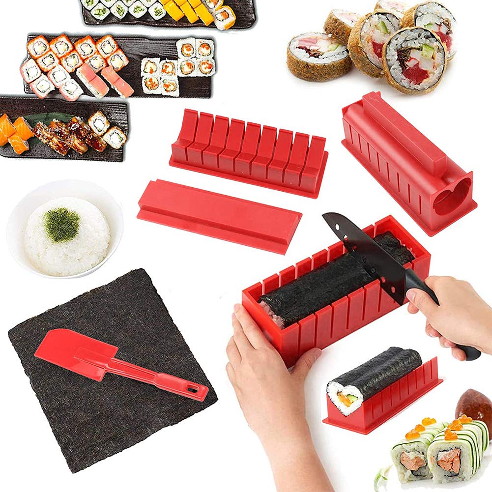 Complete 10-Piece Sushi Making Kit with Plastic Rice Roll Mold - DIY Maki Sushi Maker Tool for Beginners (Red) | Perfect for Home Cooking, Parties & Japanese Cuisine Lovers