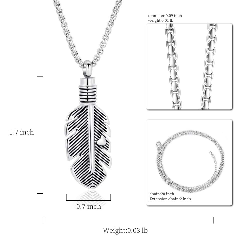 Oinsi Stainless Steel Feather Urn Necklace - Cremation Ashes Memorial Jewelry Keepsake for Loved Ones with Gift Box & Fill Kit (Heart Feather, Silver Tone) - Perfect for Remembrance, Funeral Services & Everyday Wear