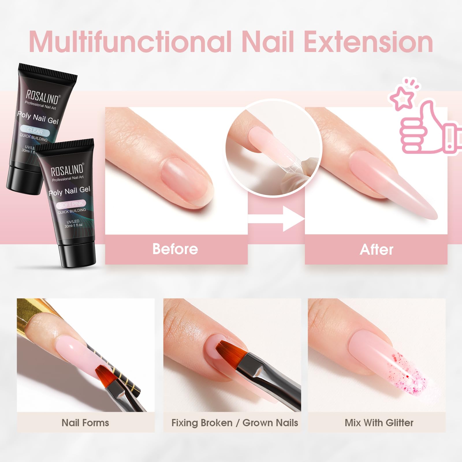 ROSALIND Acrylic Poly Nail Extension Gel Kit - 30ml Transparent Semi-Permanent Nail Gel Polish (2 Pack) with Brush & Nail Molds for Beginners - Perfect for DIY Nail Art, Salon Extensions & Home Manicures
