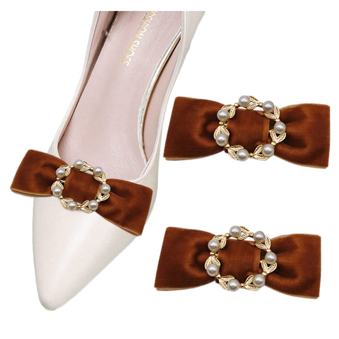 Elegant 2-Piece Velvet Bow Shoe Clips with Artificial Pearl Garland - Removable Shoe Accessories for Women & Girls - Perfect for Weddings, Parties & Special Occasions