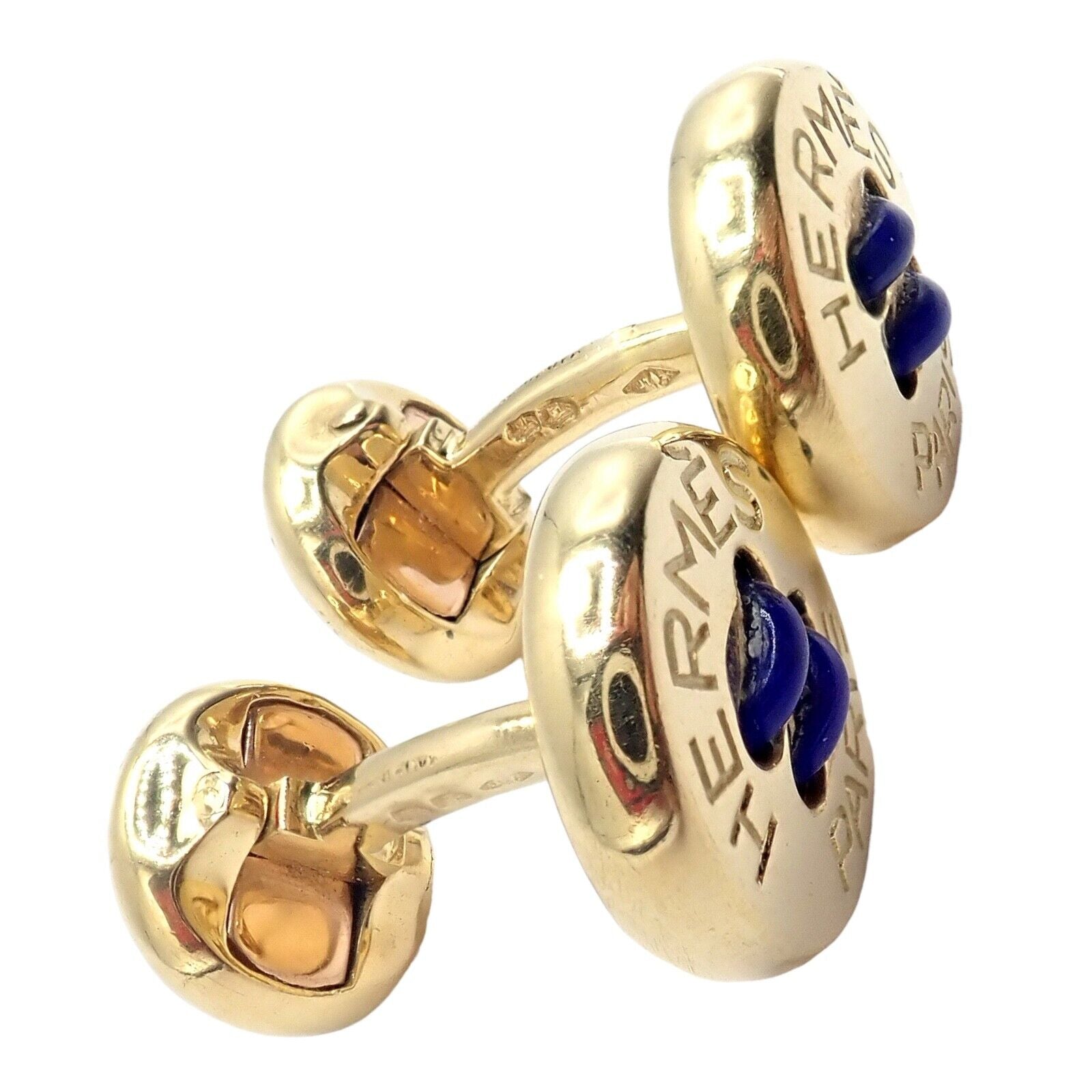 Vintage Authentic Hermes Paris 18k Yellow Gold Men's Lapis Button Cufflinks - Luxury Collectible Jewelry for Formal Events & Gifts