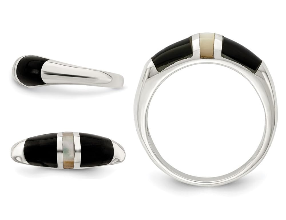 Sterling Silver White Mother of Pearl and Onyx Ring - Elegant Dainty Jewelry for Women, Perfect for Weddings, Anniversaries & Special Occasions