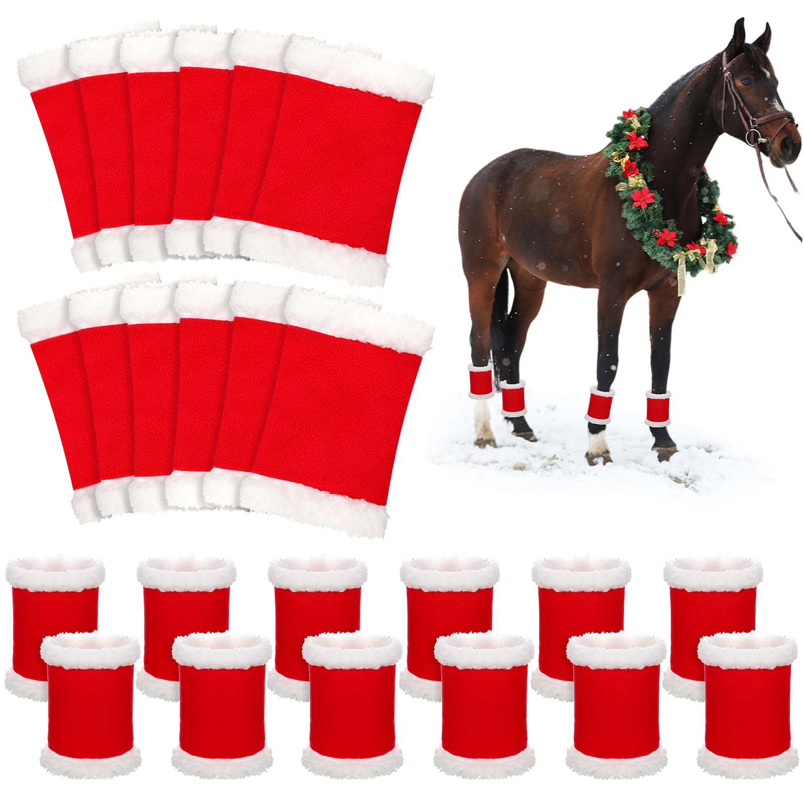 12 Pcs Christmas Horse Leg Wraps - Faux Fur Polyester Standing Wraps for Horses & Sheep - Santa Style Leg Warmers for Christmas Parades & Holiday Parties - Perfect for Festive Events & Costume Contests