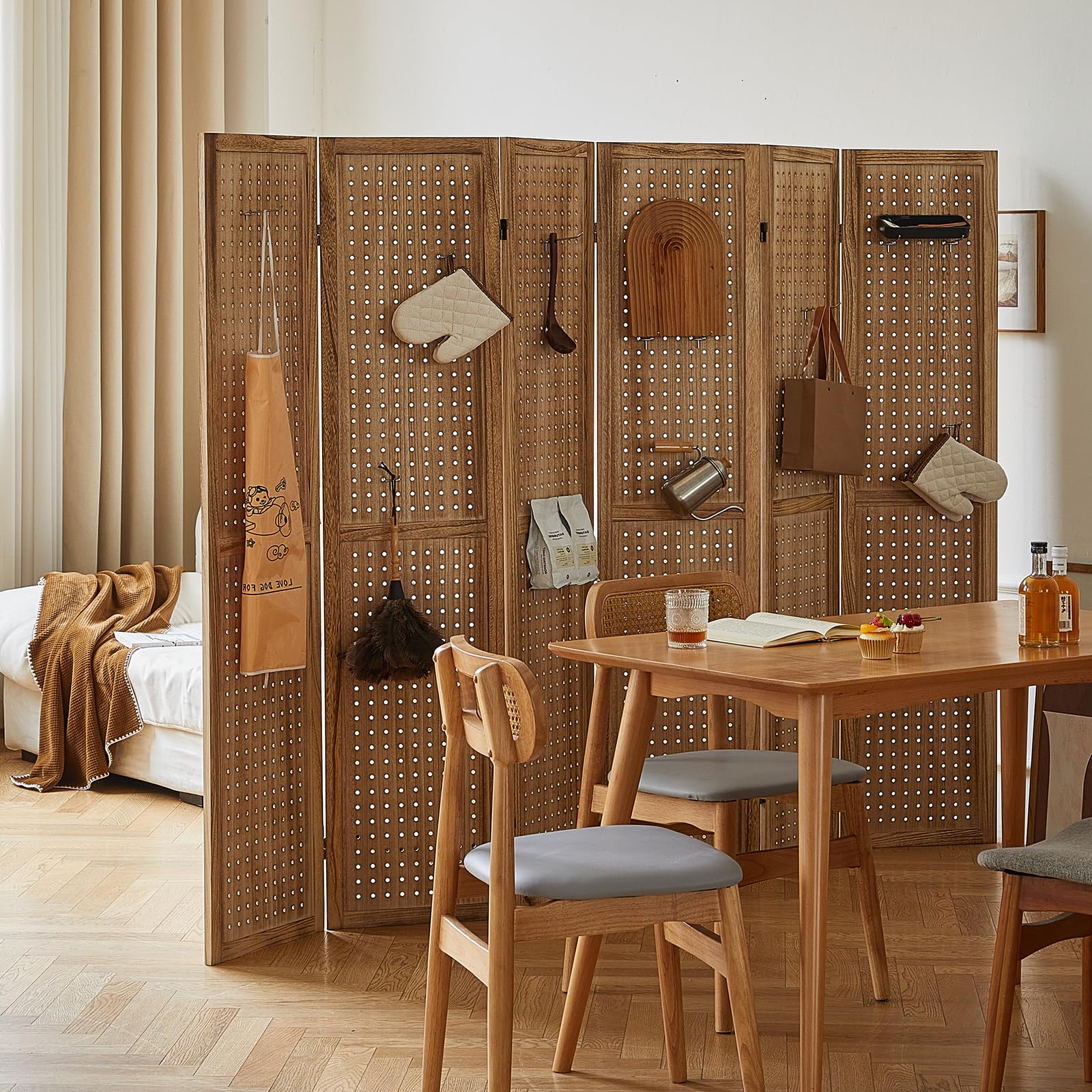 24-Hook Pegboard Display & 6-Panel Folding Room Divider - 5.6Ft Portable Privacy Screen, Freestanding Wooden Wall Organizer for Bedroom, Office & Reading Room - Natural Finish | Perfect for Home Organization & Space Division