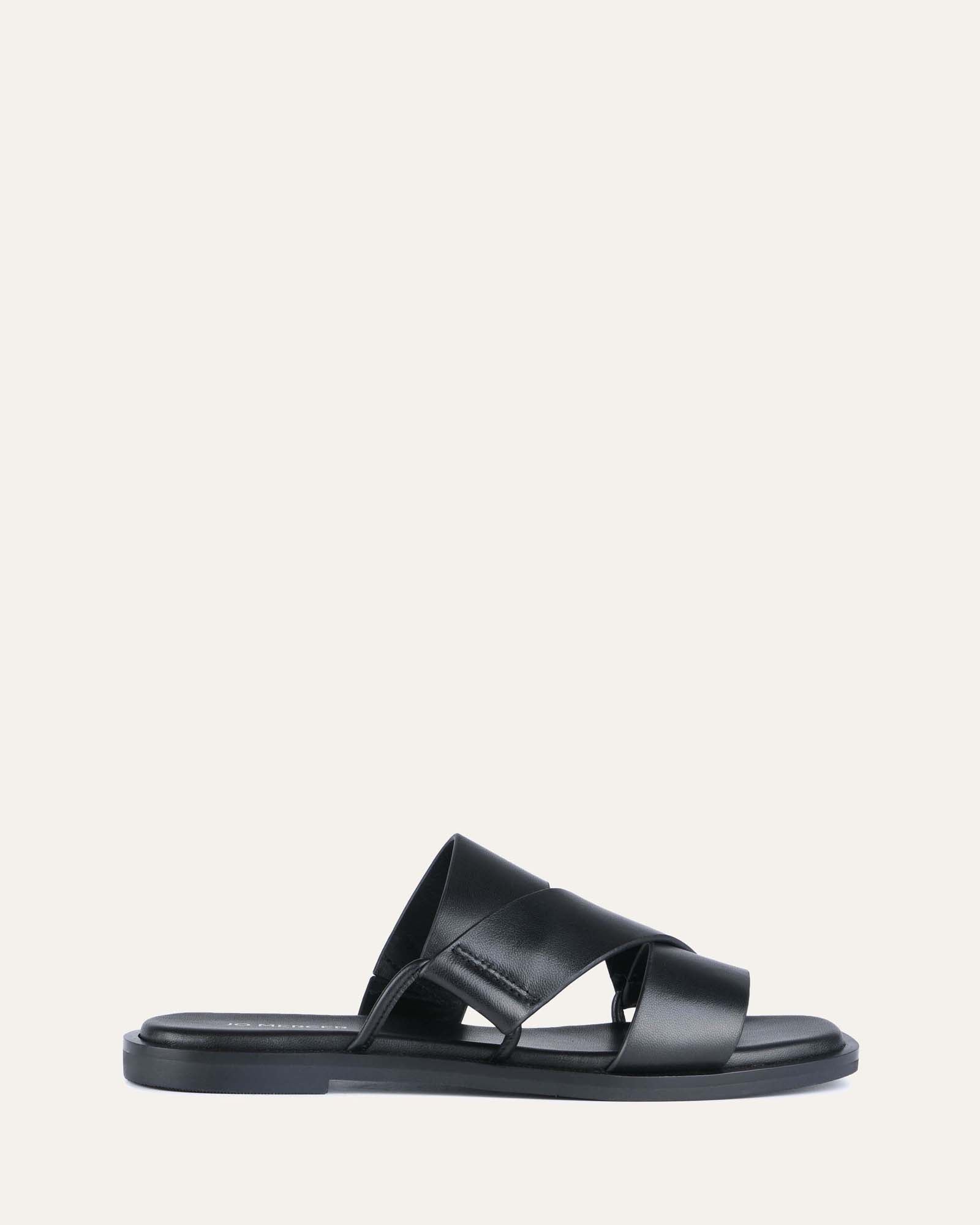 Shelby Black Leather Flat Slides - Comfortable Women's Sandals for Casual Wear, Beach, and Summer Outfits