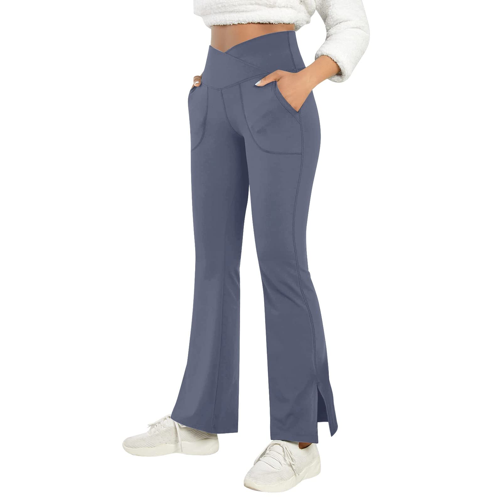 Women's Crossover Flare Yoga Pants with Pockets - Bootcut Bell Bottom Workout Pants for Yoga, Gym & Lounge Wear