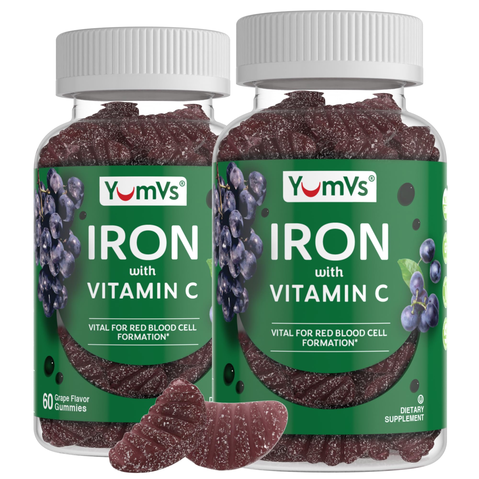 YUM-V'S Grape Flavor Iron Gummies - 10mg Chewable Iron Supplement with Vitamin C, Kosher & Gluten Free - Blood Builder Iron Gummies (60 Count, Pack of 20) - Supports Energy & Healthy Blood for Active Lifestyles
