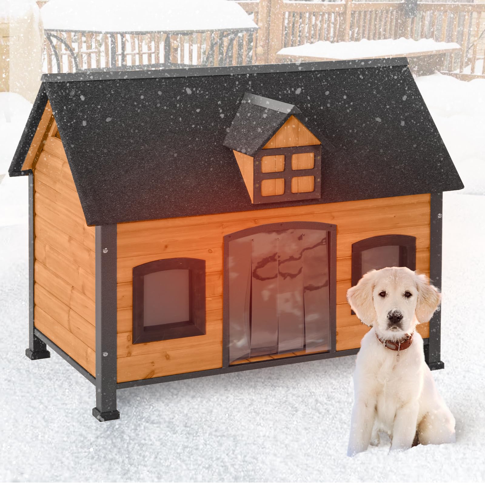 Aivituvin Insulated Wooden Dog House with Anti-Chewing Metal Frame - Weatherproof Indoor/Outdoor Pet Kennel with Unique Roof Design for Small to Medium Dogs | Perfect for Backyard, Patio, and Garage Use