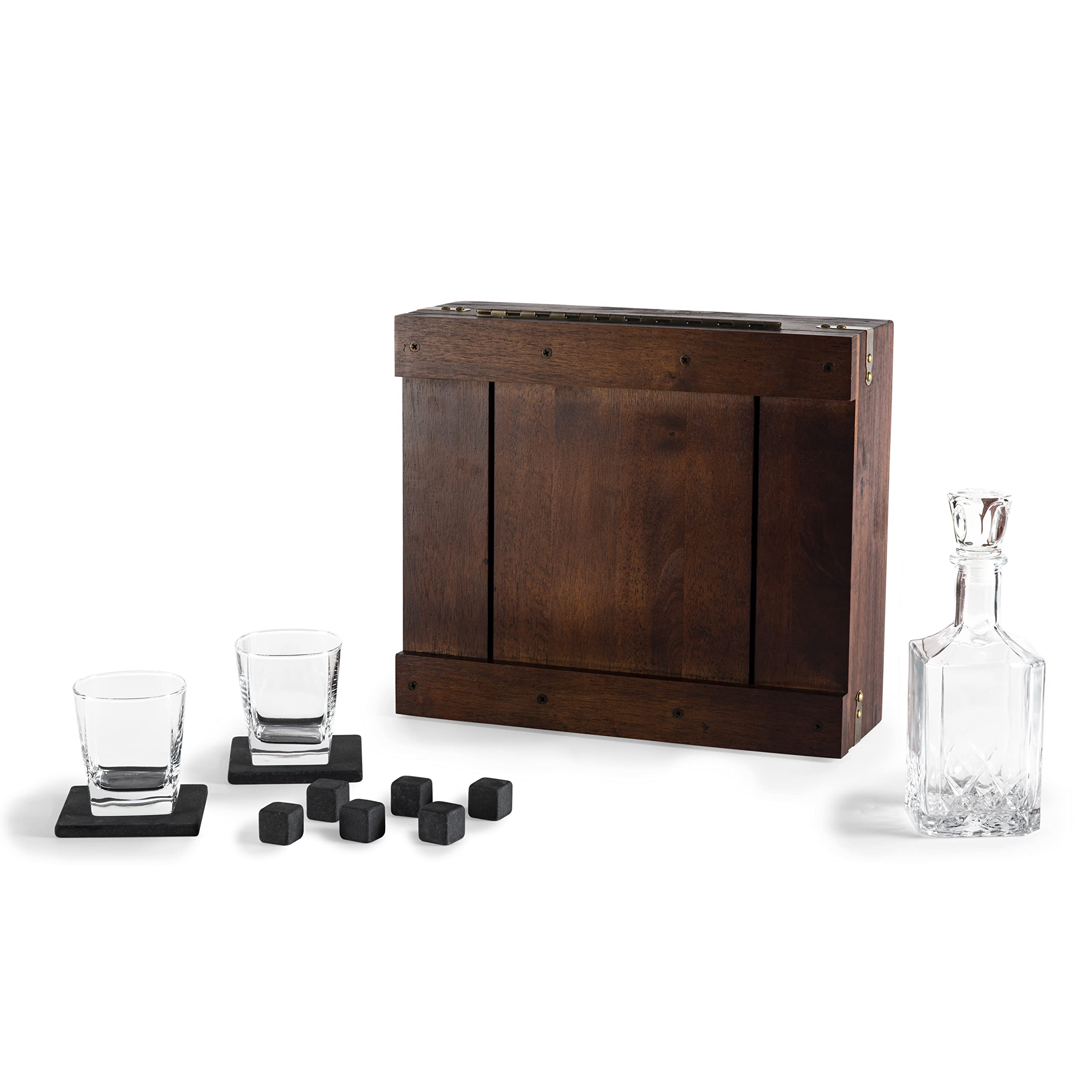 PICNIC TIME Whiskey Gift Set with Wooden Box & Glass Decanter - 14.8