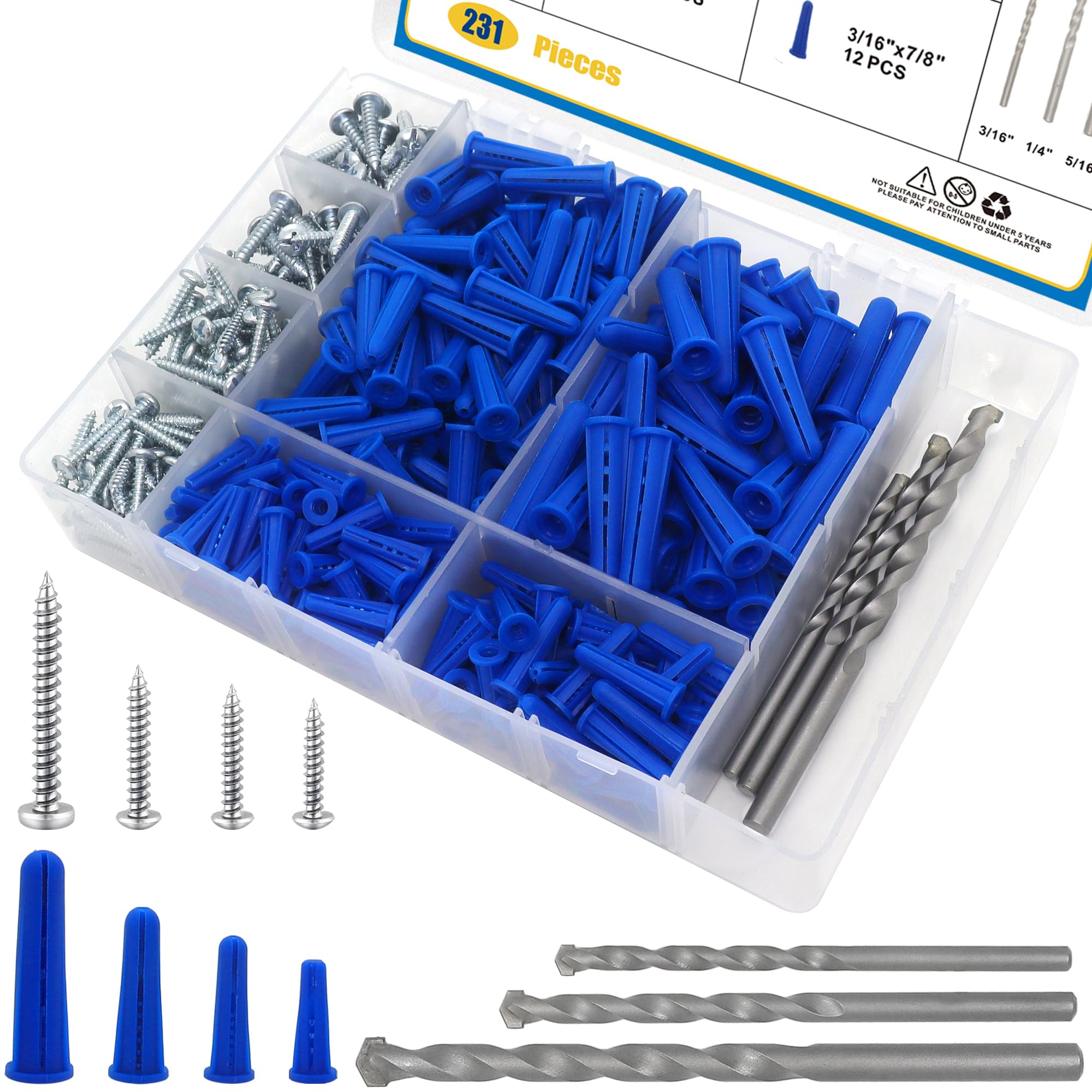 228 Pcs Concrete Wall Anchors Kit with Screws & Drill Bits - Heavy Duty Masonry Anchors for Brick Walls - Includes 114 Self Tapping Screws & 3 Drill Bits (Blue) - Perfect for Hanging Shelves, TVs & Home Decor