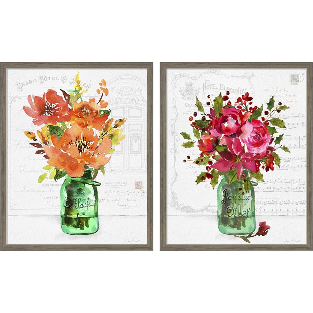 Le Parfait Jar by Jean Plout - 2 Piece Rustic Gray Framed Floral Wall Art Set (17x21 Inches Each) - Perfect for Farmhouse Decor, Kitchen Wall Art & Living Room Aesthetic
