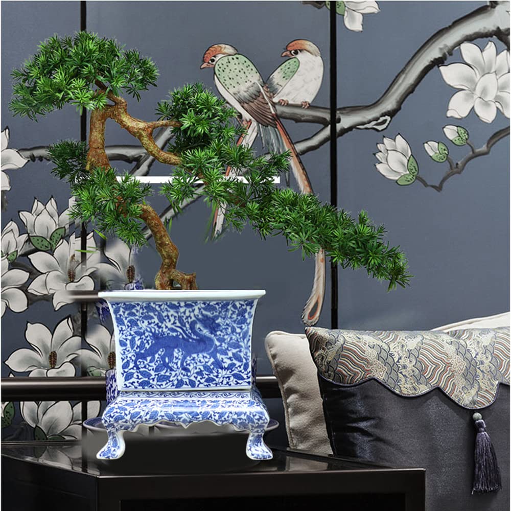 Hand-Painted Blue and White Chinese Porcelain Square Planter - Extra Large Jingdezhen Ceramic Flower Pot for Home Decor, Garden & Office Plants