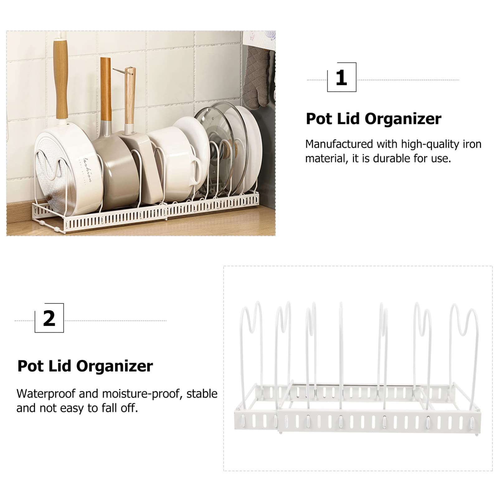 Angoily Expandable Metal Pot Lid Organizer - Adjustable Kitchen Storage Rack for Pan Lids, Cutting Boards & Bakeware - Space Saving White Holder for Stovetop, Countertop & Cabinet Organization (Perfect for Small Kitchens & Apartment Cooking)