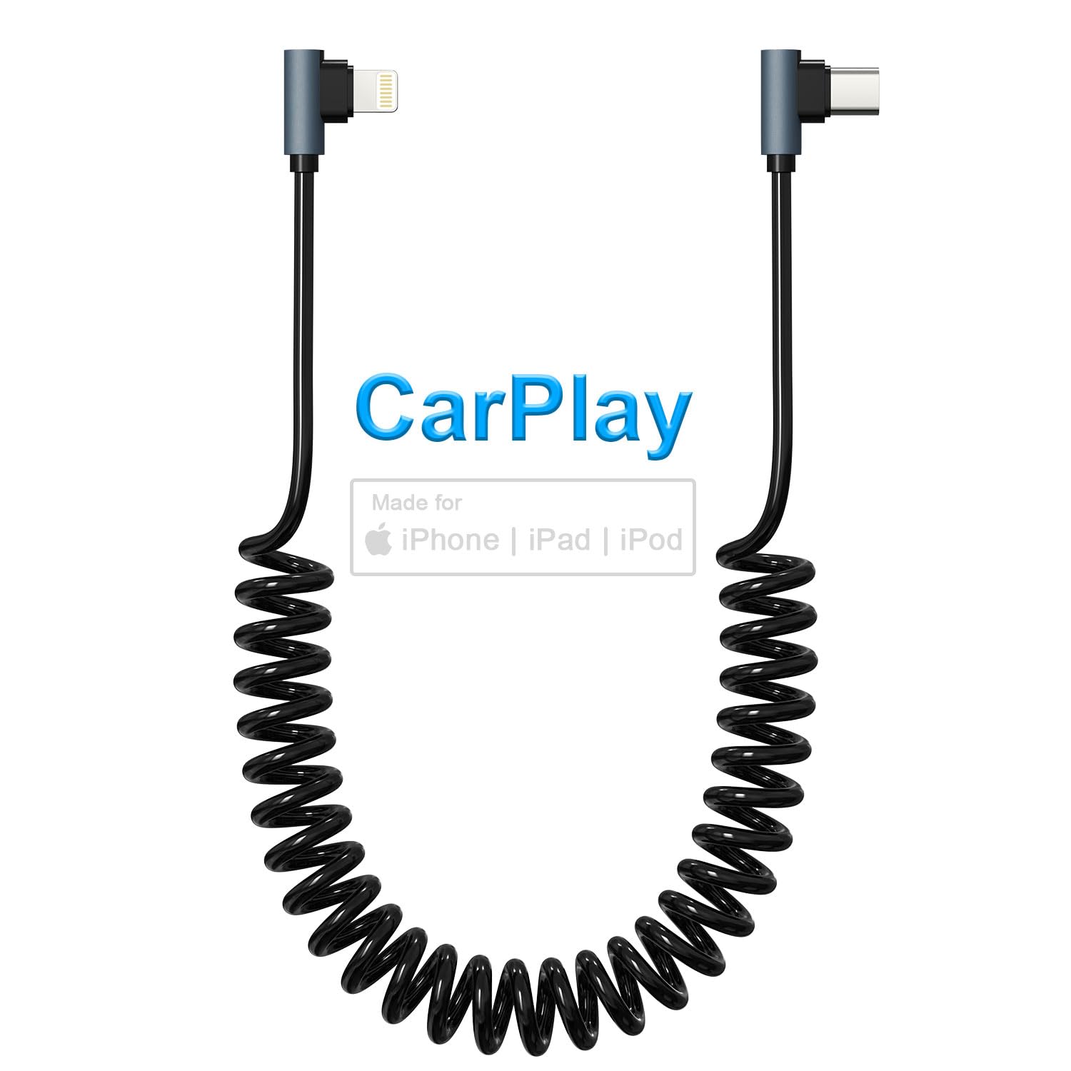 90 Degree MFi Certified USB-C to Lightning Cable - 20W PD Fast Charging, Retractable Coiled Design for iPhone, iPad, iPod - Perfect for Car Play, Data Sync & Home/Office Charging