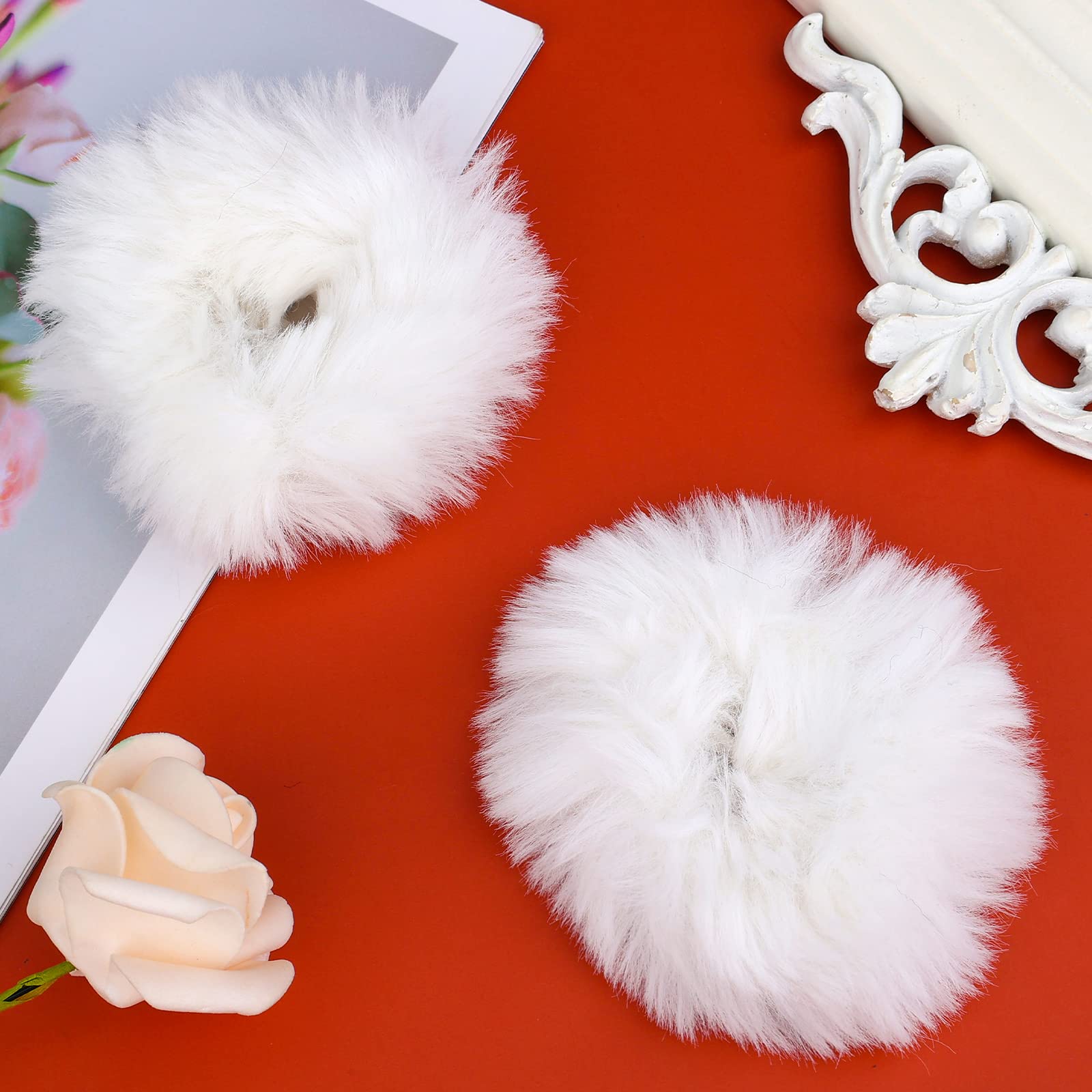 2Pcs Soft Plush Furry Hair Pom Poms - Elastic Ponytail Scrunchies Hair Ties for Women & Girls (White) - Perfect for Parties, Weddings, Daily Styling and Fashion Accessories