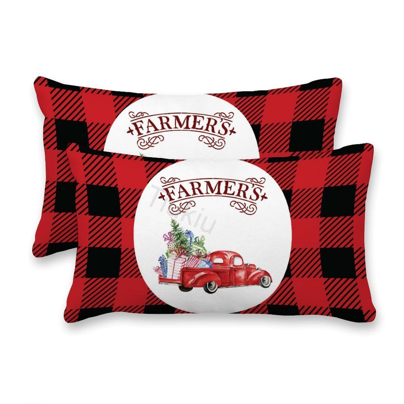 Vintage Red Truck Decorative Lumbar Pillow Covers Set of 2 - Buffalo Plaid Canvas Throw Pillow Cases 35x60 Inches for Couch, Sofa, Bed & Living Room - Perfect for Farmhouse, Rustic & Holiday Home Decor