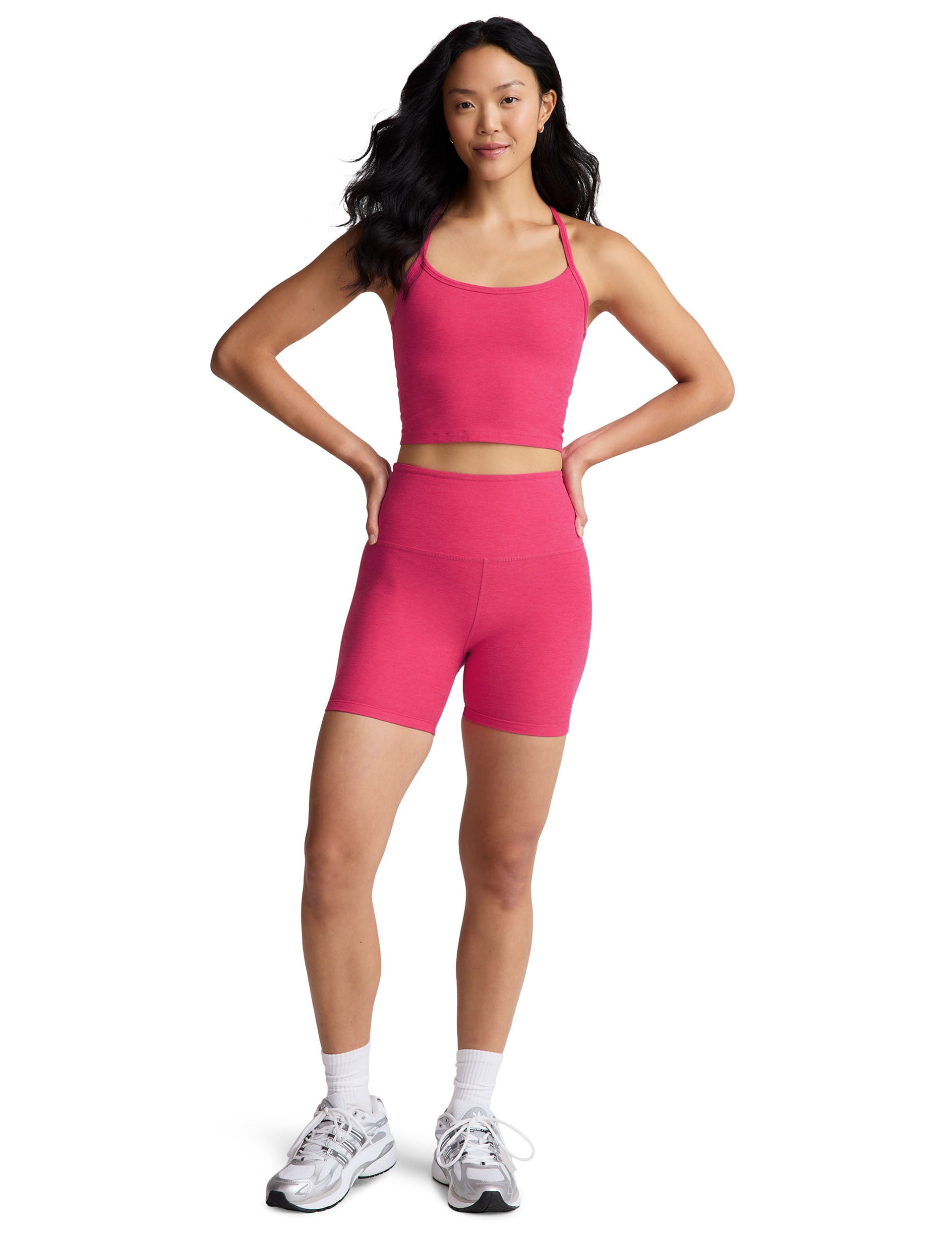 Spacedye Slim Racerback Cropped Tank Top - Vivid Pink Heather | Women's Workout & Yoga Activewear | Perfect for Gym, Running & Summer Outfits