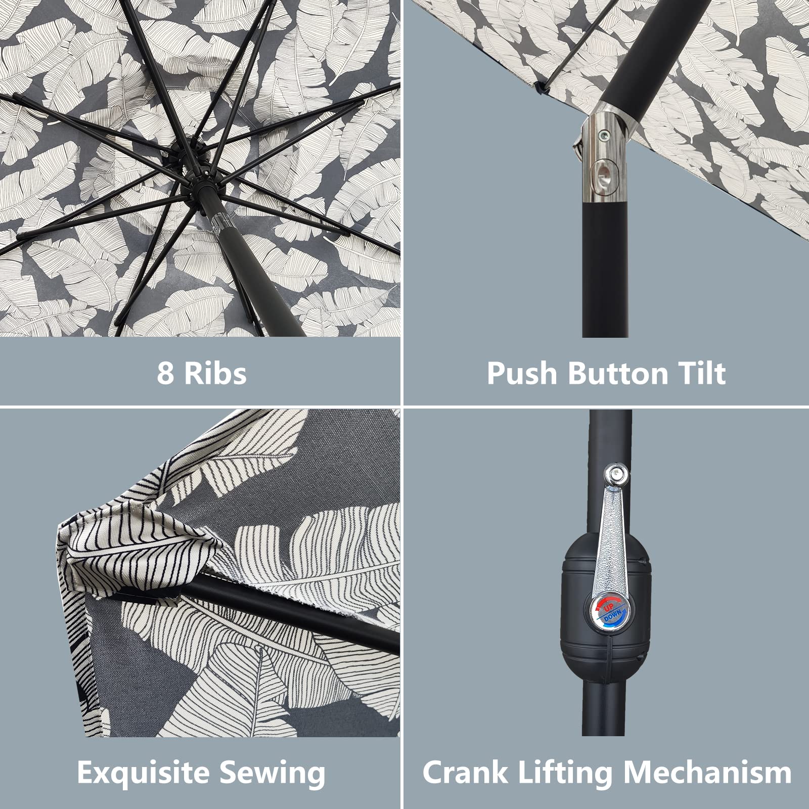 LTXIII 9' Outdoor Patio Umbrella with Push Button Tilt & Crank - Printed Market Garden Umbrella for Table, Backyard, Pool (8 Ribs) - Perfect for Outdoor Dining, Lounging & Poolside Relaxation