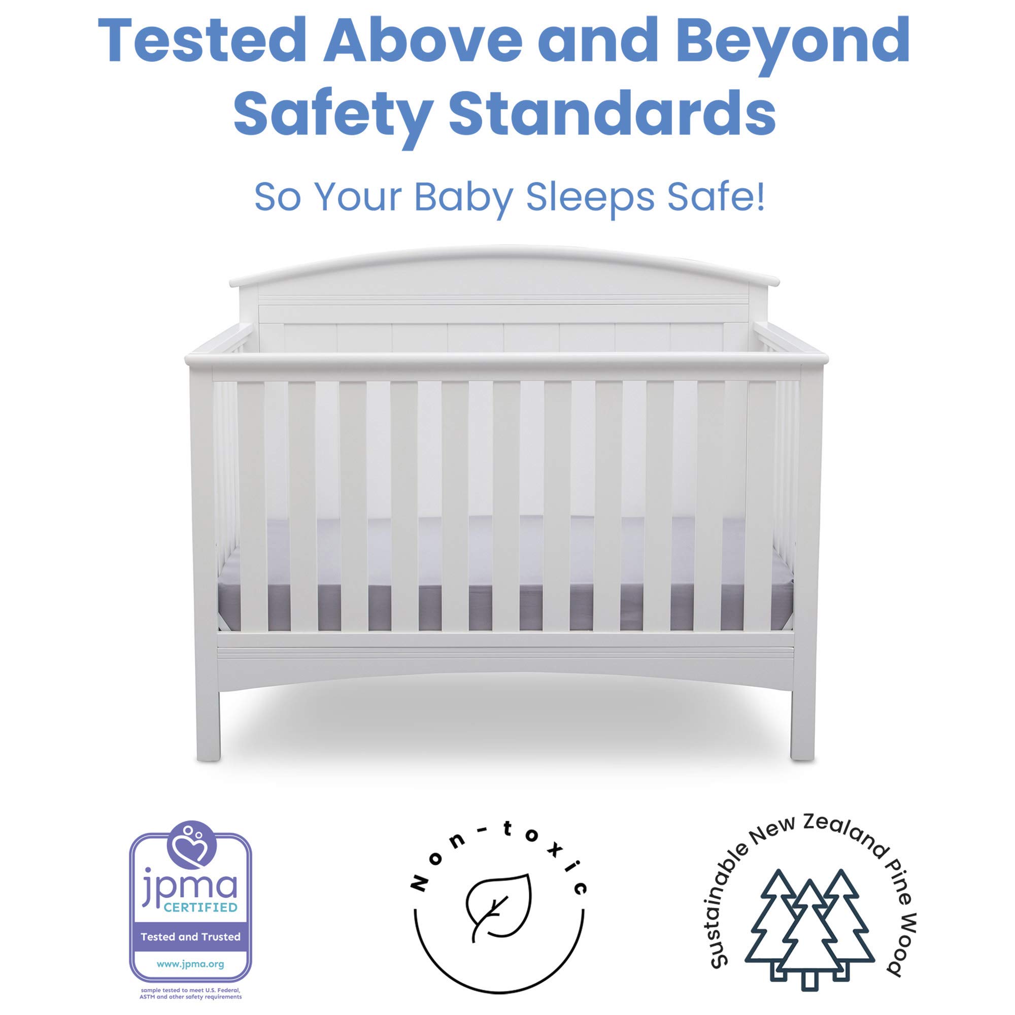 Delta Children Archer 4-in-1 Convertible Crib with Serta Perfect Slumber Dual-Sided Mattress - Bianca White | Nursery Bedroom Furniture for Baby & Toddler | Eco-Friendly Recycled Fiber Core Mattress | Crib to Toddler Bed Conversion