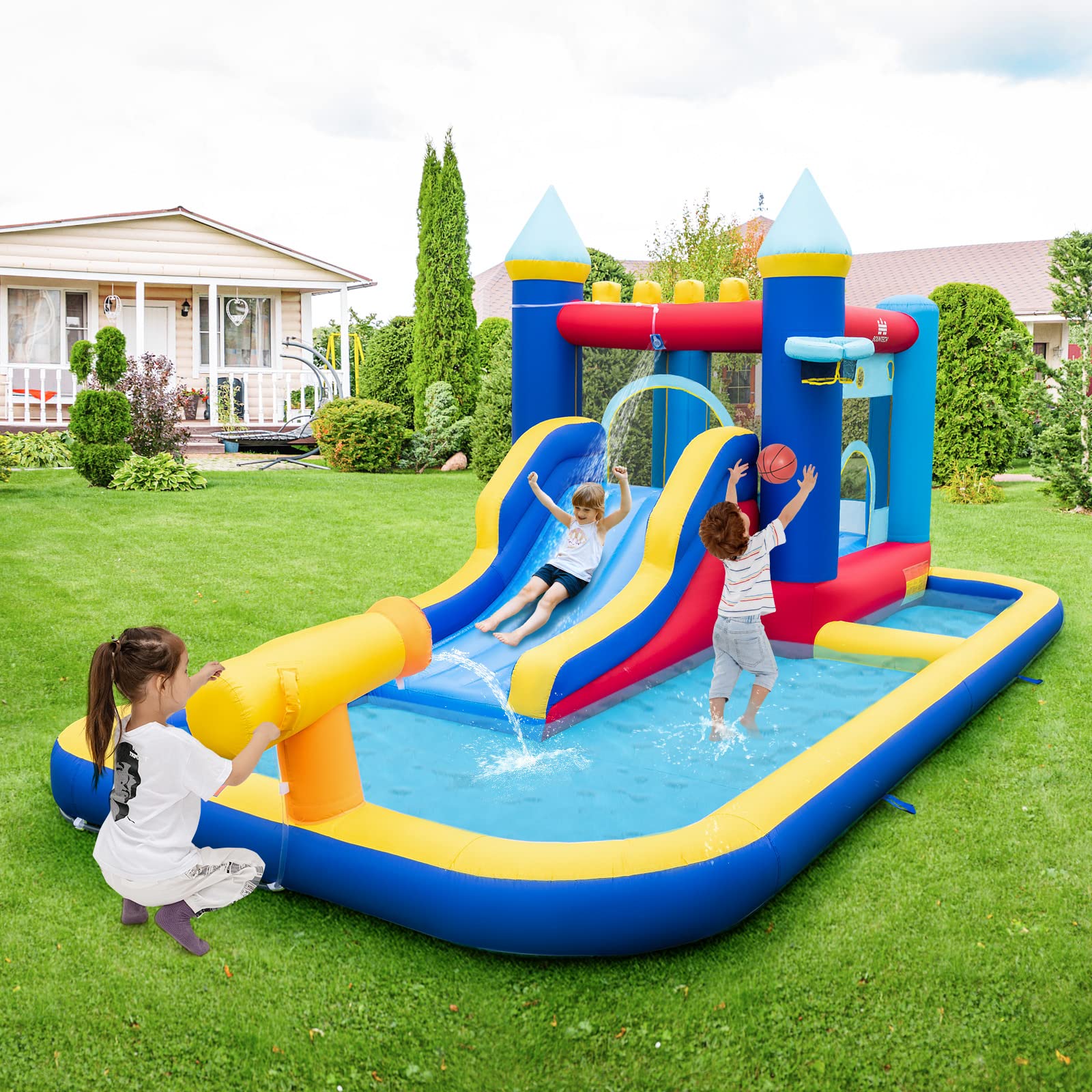 BOUNTECH Inflatable Water Slide with Ball Pit - 735W Blower Included - Kids Bounce House for Outdoor Backyard Parties, Summer Fun, Birthday Gifts & Water Play Activities