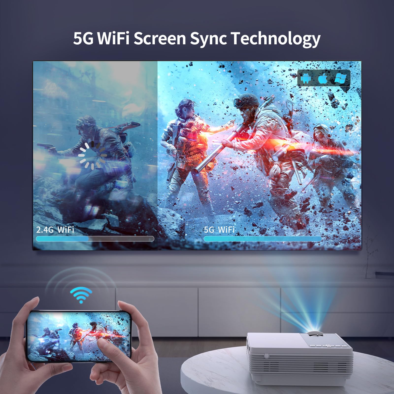 Staratlas 5G WiFi Bluetooth Projector - Native 1080P 12000L 4K Supported Mini Portable Outdoor Movie Projector for Home Theater, Compatible with HDMI/USB/PC/TV Box/iOS/Android - Perfect for Backyard Movie Nights, Gaming, and Presentations