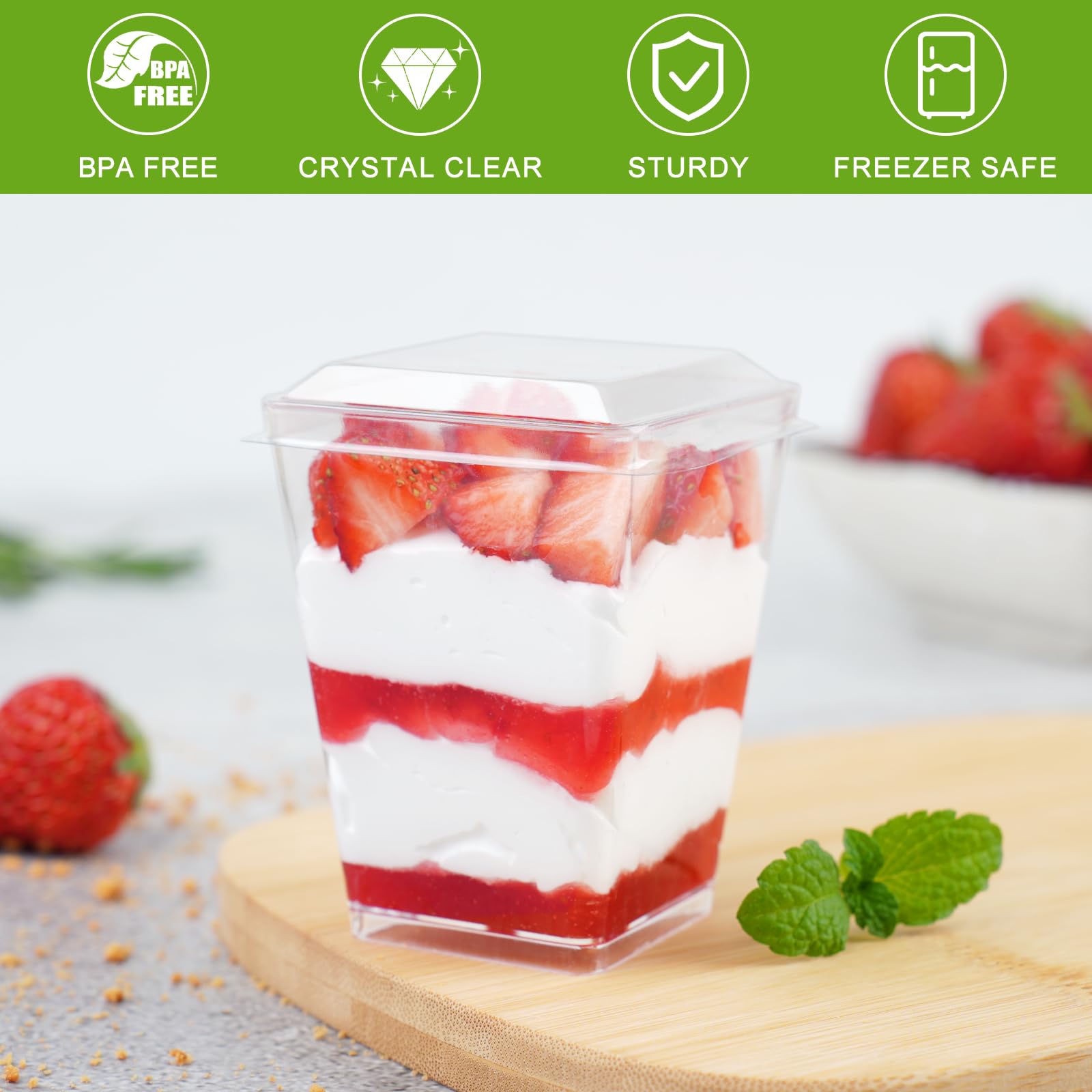 50 Pack 5 oz Clear Plastic Dessert Cups with Lids & Spoons - Reusable Mini Parfait Containers for Banana Pudding, Yogurt, Jello, Fruit Trifle - Perfect for Parties, Catering, and Individual Dessert Serving
