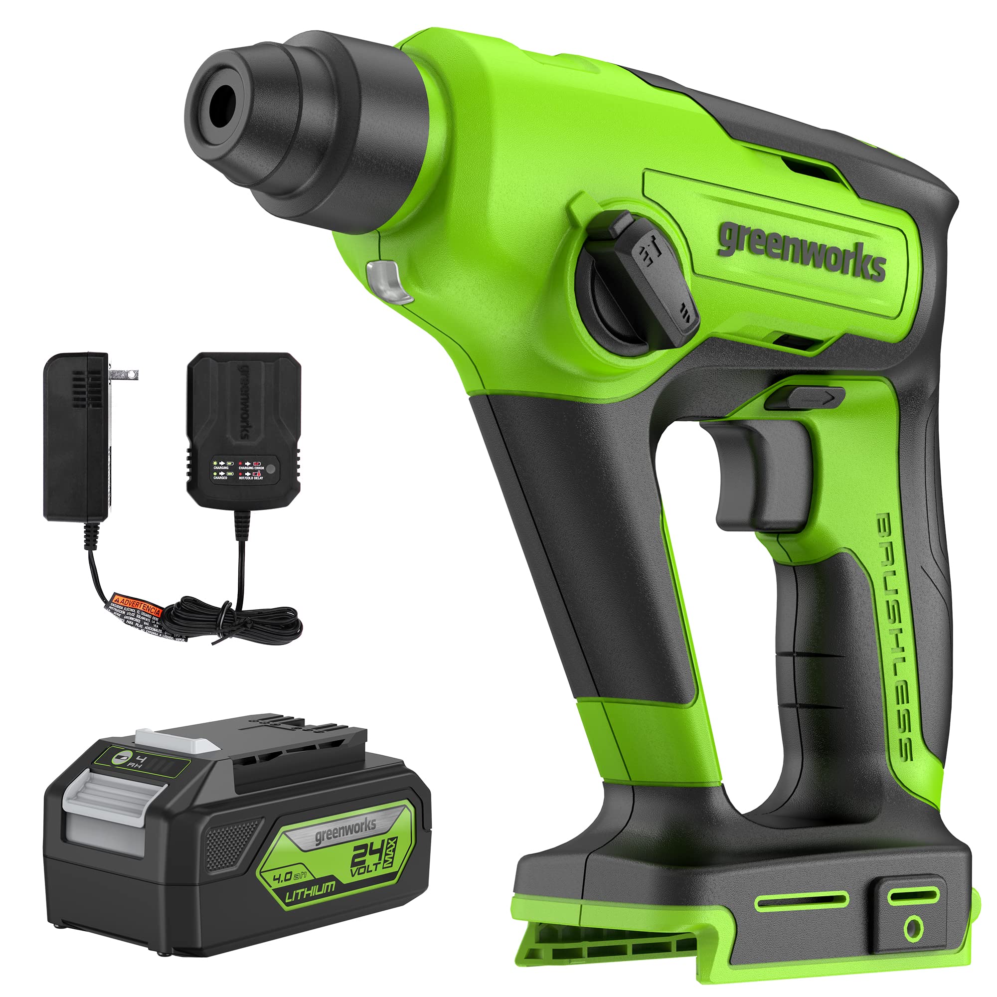 Greenworks 24V Brushless SDS Rotary Hammer with 4Ah USB Battery & Fast Charger - 1.2J Impact Energy for Drilling Concrete, Brick & Masonry - Perfect for Construction, Renovation & DIY Home Projects