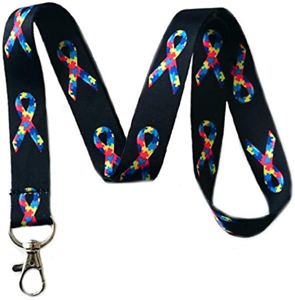 Autism Awareness Ribbon Lanyard Keychain - Black ID Badge Holder for Work, School & Events - Durable Neck Strap for Keys & Security Cards