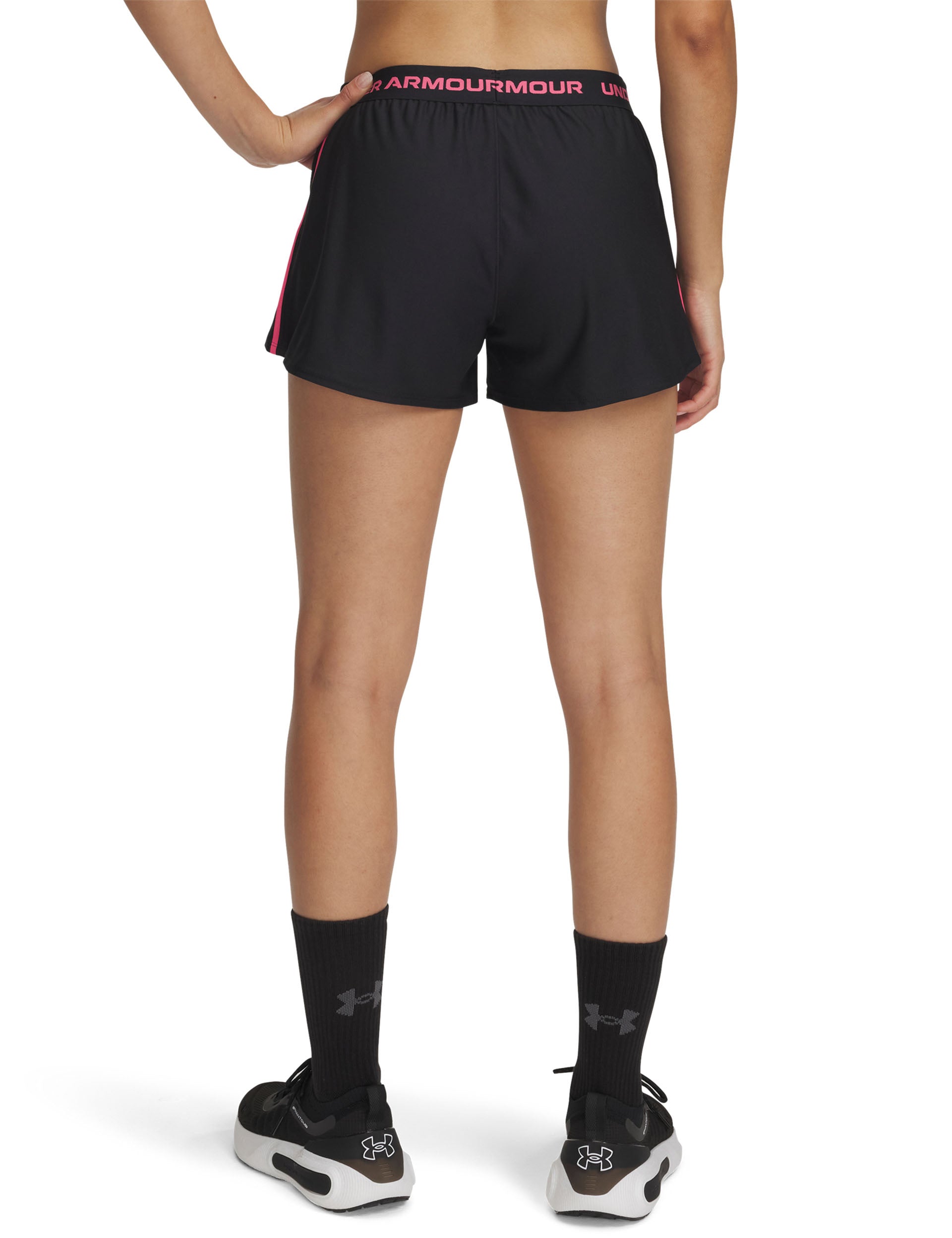 UA Tech Play Up Shorts for Women - Breathable & Quick-Dry Athletic Shorts in Black/Super Pink - Perfect for Running, Yoga & Gym Workouts