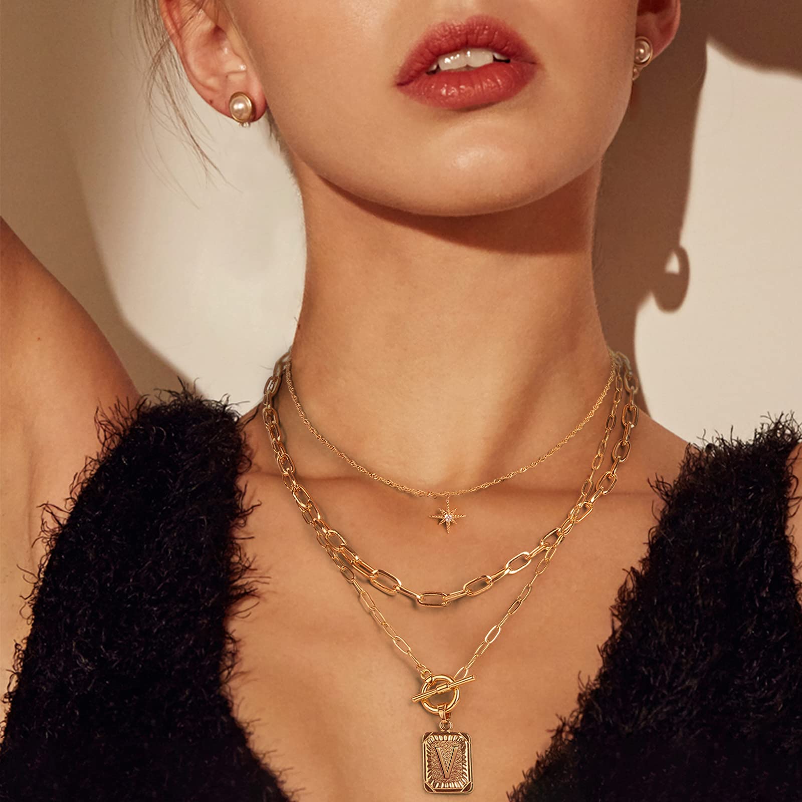 MJartoria 14K Gold Plated Initial Necklace for Women - Trendy Layered Star Choker with Square Letter Pendant & Paperclip Chain - Elegant Gold Jewelry Gift for Birthday, Anniversary & Everyday Wear