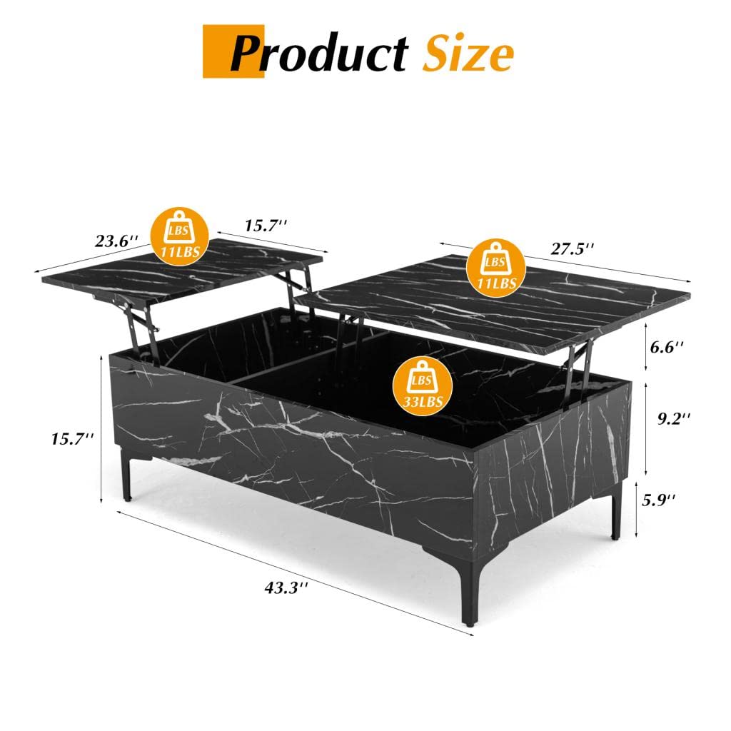 COSVALVE Lift Top Coffee Table with Hidden Storage, Marble Surface 2-Side Lift Tabletop - Modern Black Lift-Top Dining Table & Work Desk for Living Room, Home Office, Reception Area | Space-Saving Multi-Functional Furniture for Small Apartments & Studios