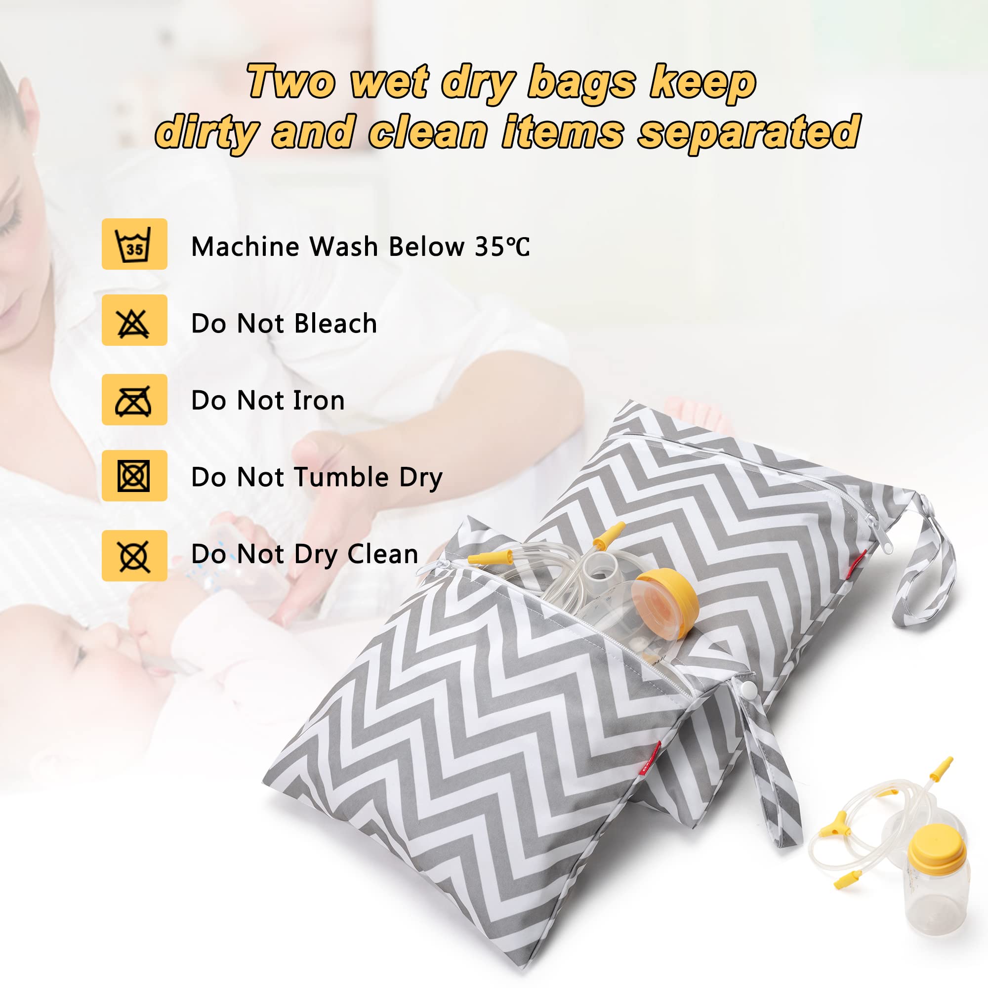 Damero Breast Pump Parts Bag - 2 Pack Waterproof Wet Bags for Breast Pump Accessories Storage with Non-Slip Mat, Gray Chevron Pattern | Perfect for Travel, Work & Hospital Use