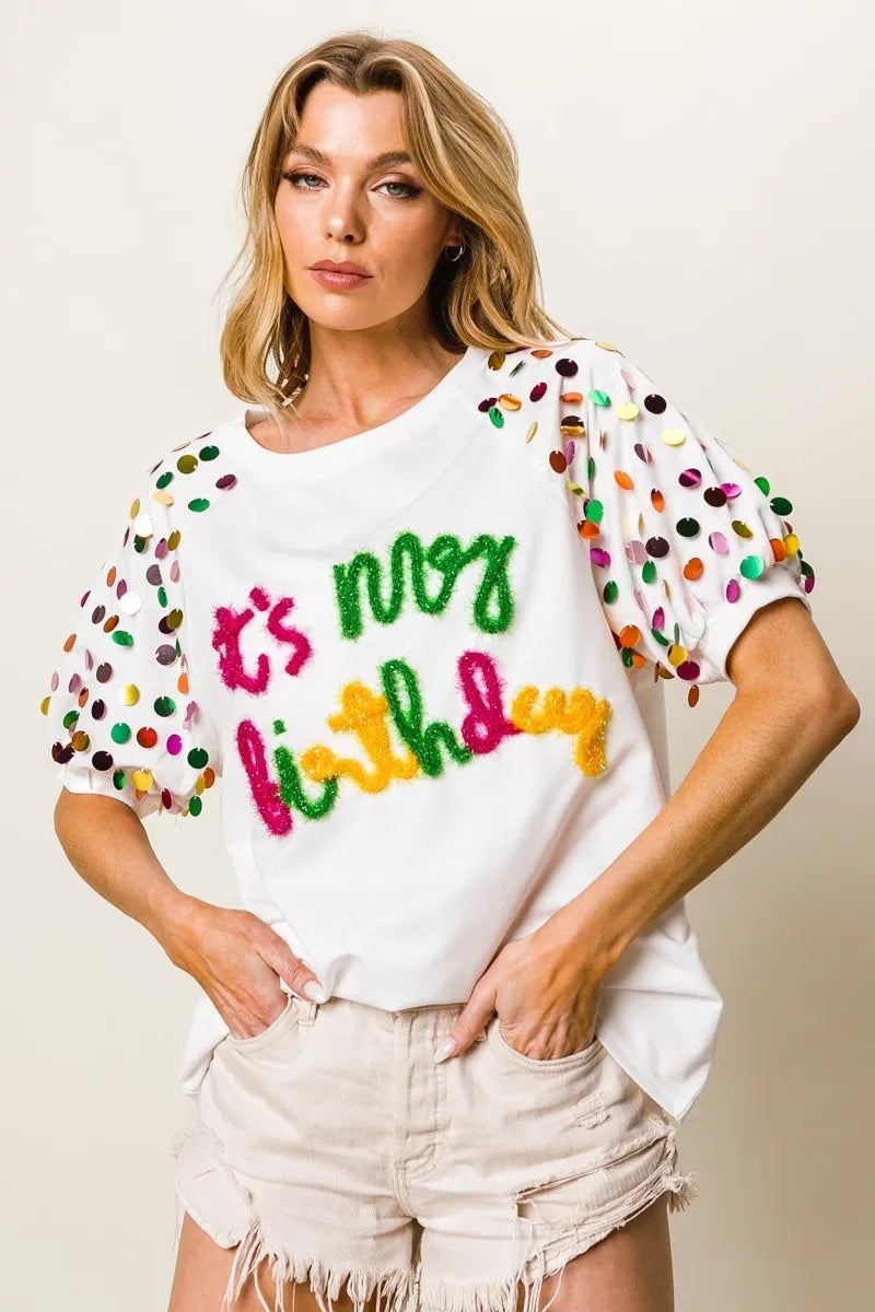 BiBi Metallic Letter Spangle Raglan Puff Sleeve Top | Trendy Women's Graphic Tee for Casual Wear, Party & Date Night Outfits