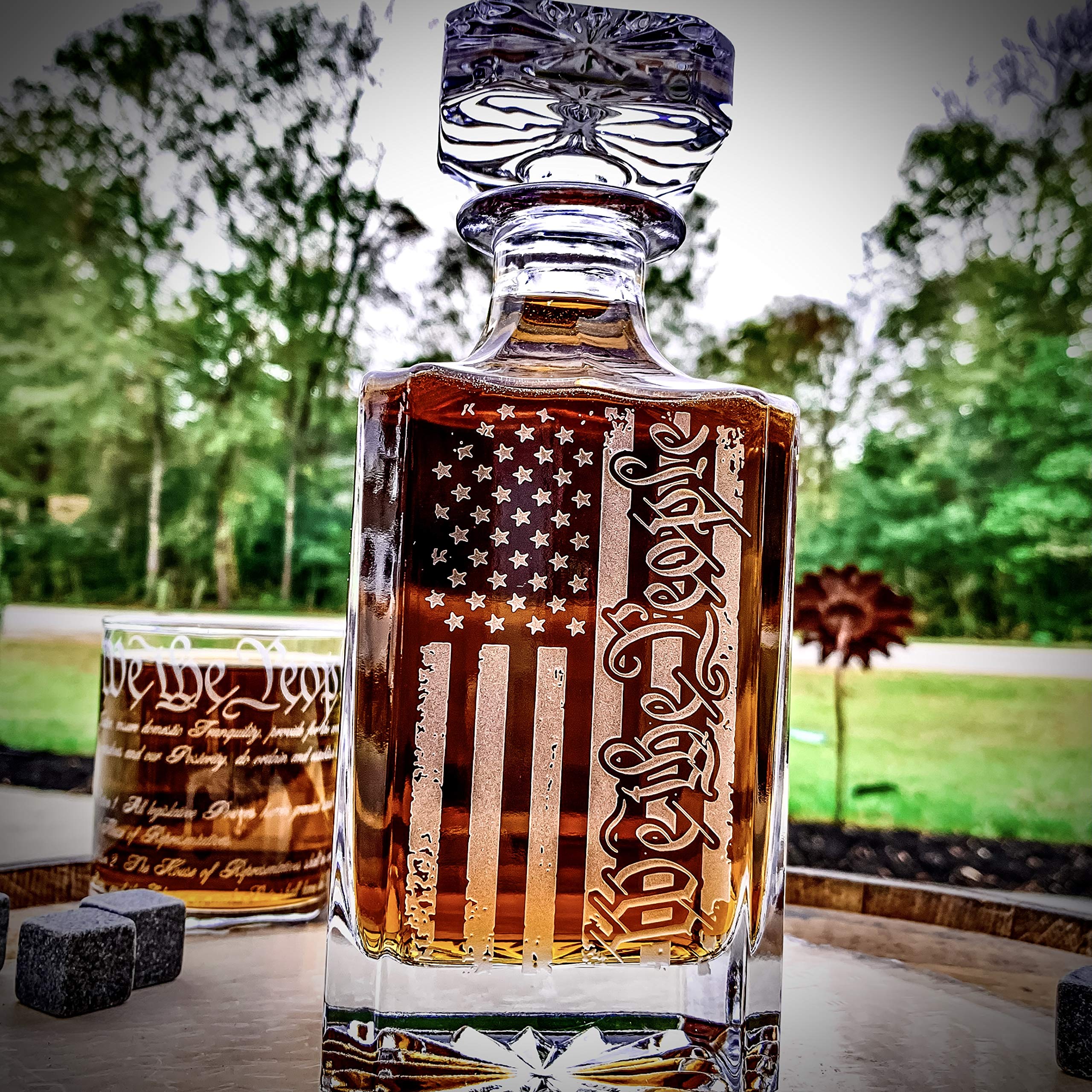 We The People American Flag Engraved 750ml Whiskey Decanter Set with 360 US Constitution Glasses (3pc) - Premium Handcrafted Barware Made in USA - Perfect Father's Day Gift for Whiskey Lovers & Patriotic Home Decor