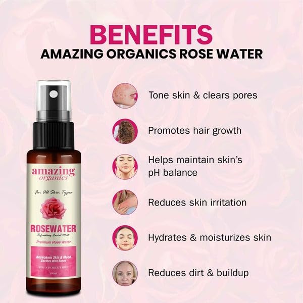 Organic Rose Water Facial Toner - Hydrating & Refreshing Skin Mist for Dry & Sensitive Skin | Natural Skincare Solution for Face, Body & Hair Care | Perfect for Daily Use, After Sun Care & Makeup Setting