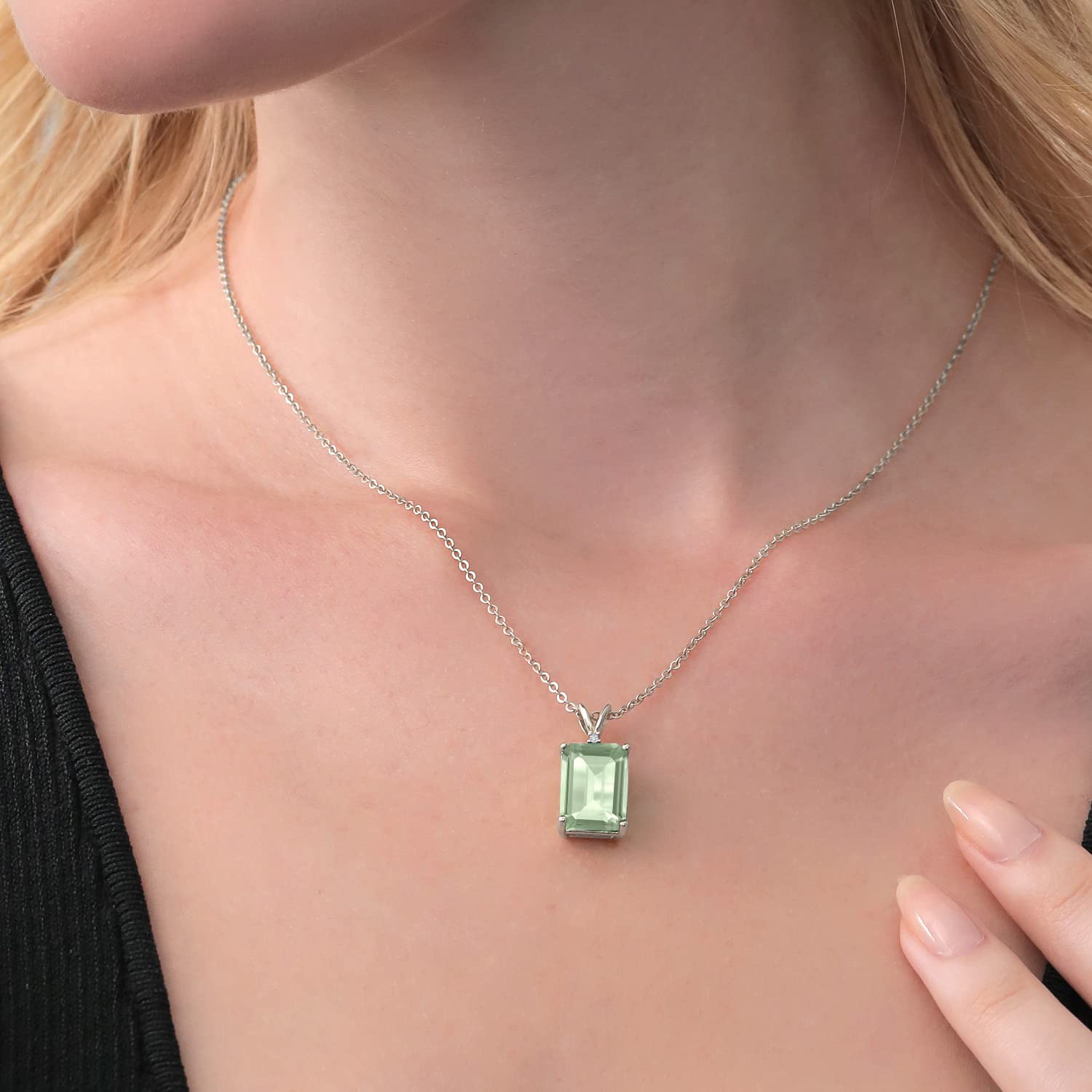 14X10MM Emerald Cut Gemstone & White Diamond Pendant Necklace for Women | 925 Sterling Silver with 18