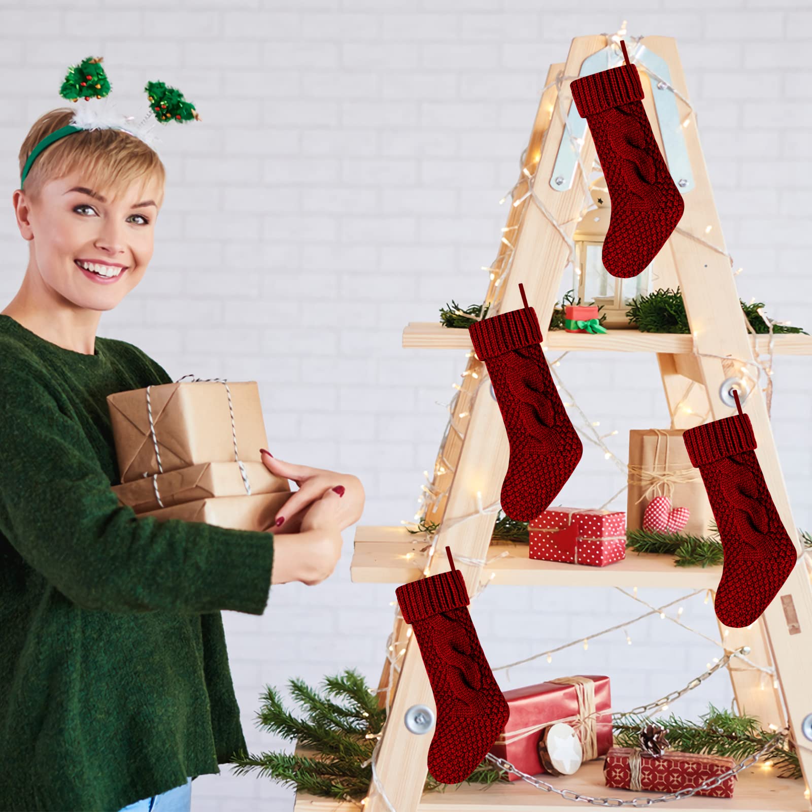 6-Pack 18 Inch Burgundy Knitted Christmas Stockings with Elegant Design - Perfect for Holiday Decor, Fireplace Mantel, and Gift Giving