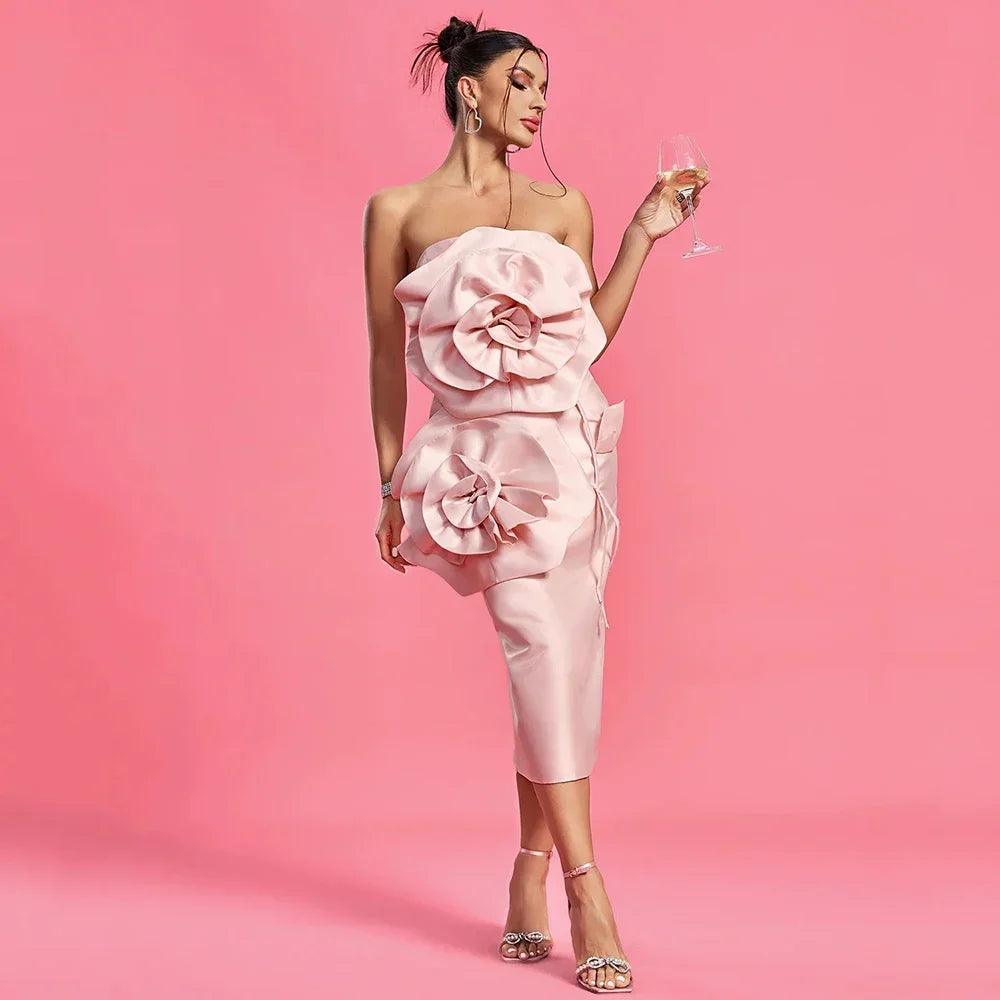 Elegant Pink & White Strapless Midi Dress for Women - Sexy Tight Fit with 3D Flower Details | Celebrity Party Dress for Summer 2024 | Perfect for Cocktail Parties, Weddings & Date Nights