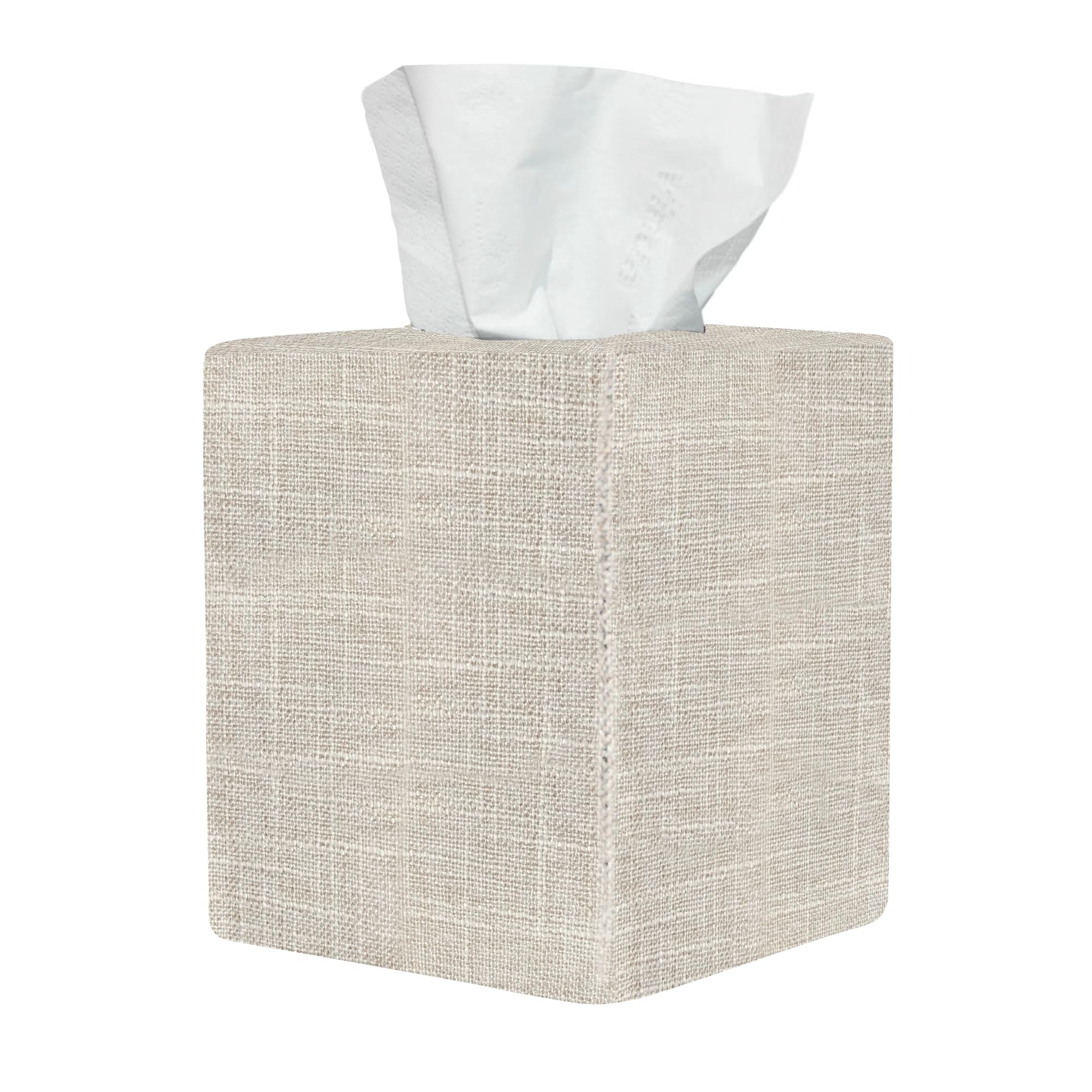 Cute Beige Linen Fabric Tissue Box Cover - Decorative Square Tissue Holder for Bathroom, Vanity, Office, Nightstand & Desk - Home & Office Organization Accessory