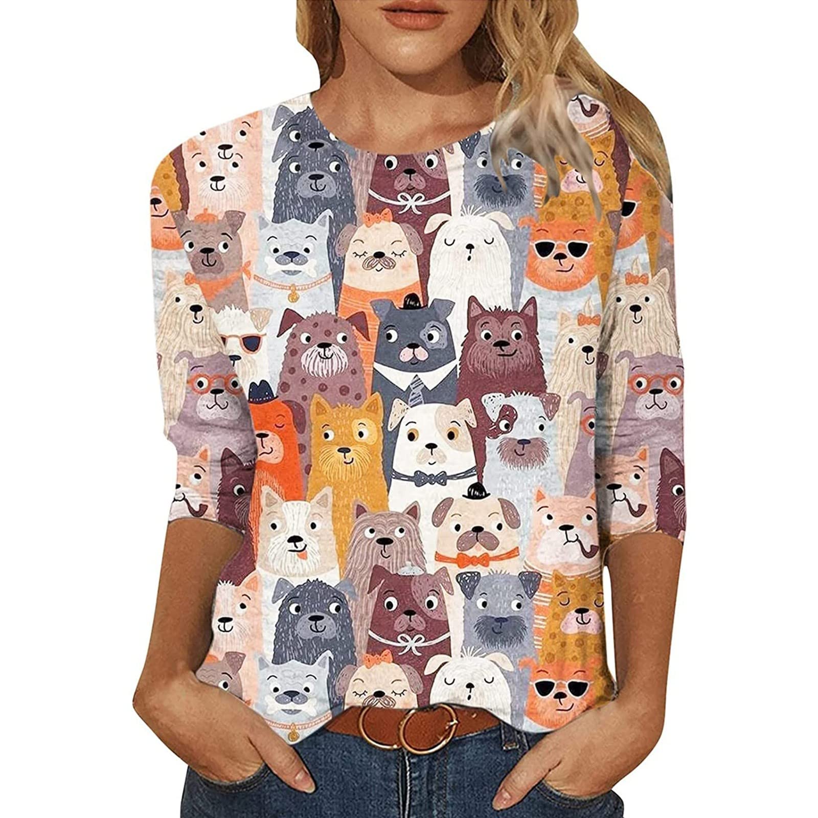 INNOVIERA Women's Floral Printed Casual Crewneck 3/4 Sleeve T-Shirt - Loose Fit Summer Tunic Blouse for Everyday Wear, Outings & Beach Cover-Up