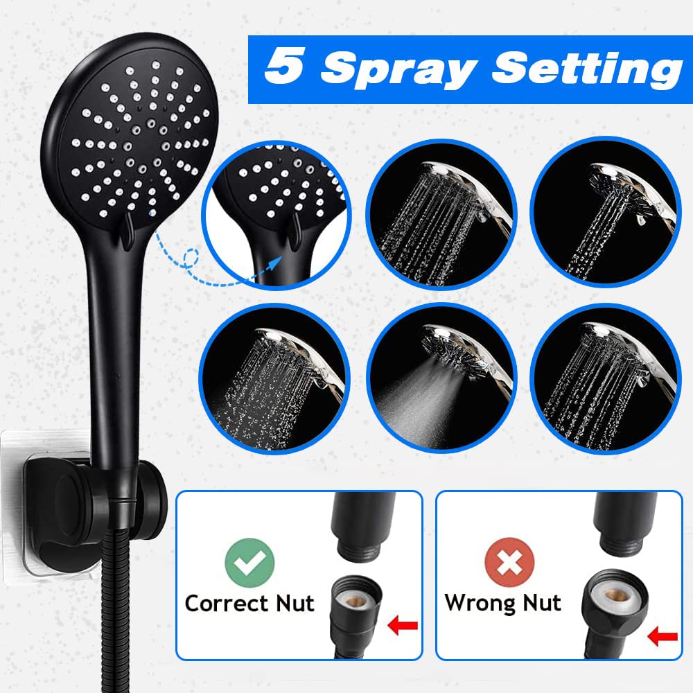 UPGRADED 12 Inch High Pressure Shower Head with Handheld Spray - Black Waterfall Showerhead with Hose, Extension Arm & Hard Water Filter + 4 Hooks - Perfect for Bathroom, Spa-Like Experience & Water Conservation