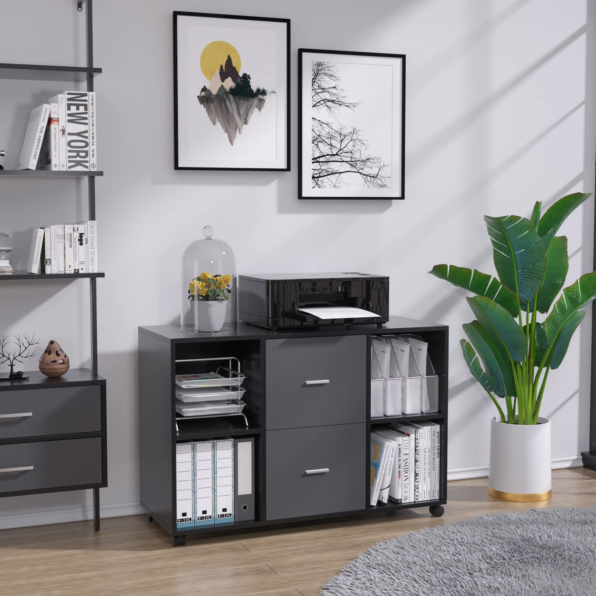DEINPPA Wooden Horizontal Filing Cabinet with 4 Open Storage Shelves - Home Office Lateral File Cabinet with Lock & Printer Stand (Black-Dark Gray) - Perfect for Organizing Documents, Office Supplies & Printers in Small Spaces