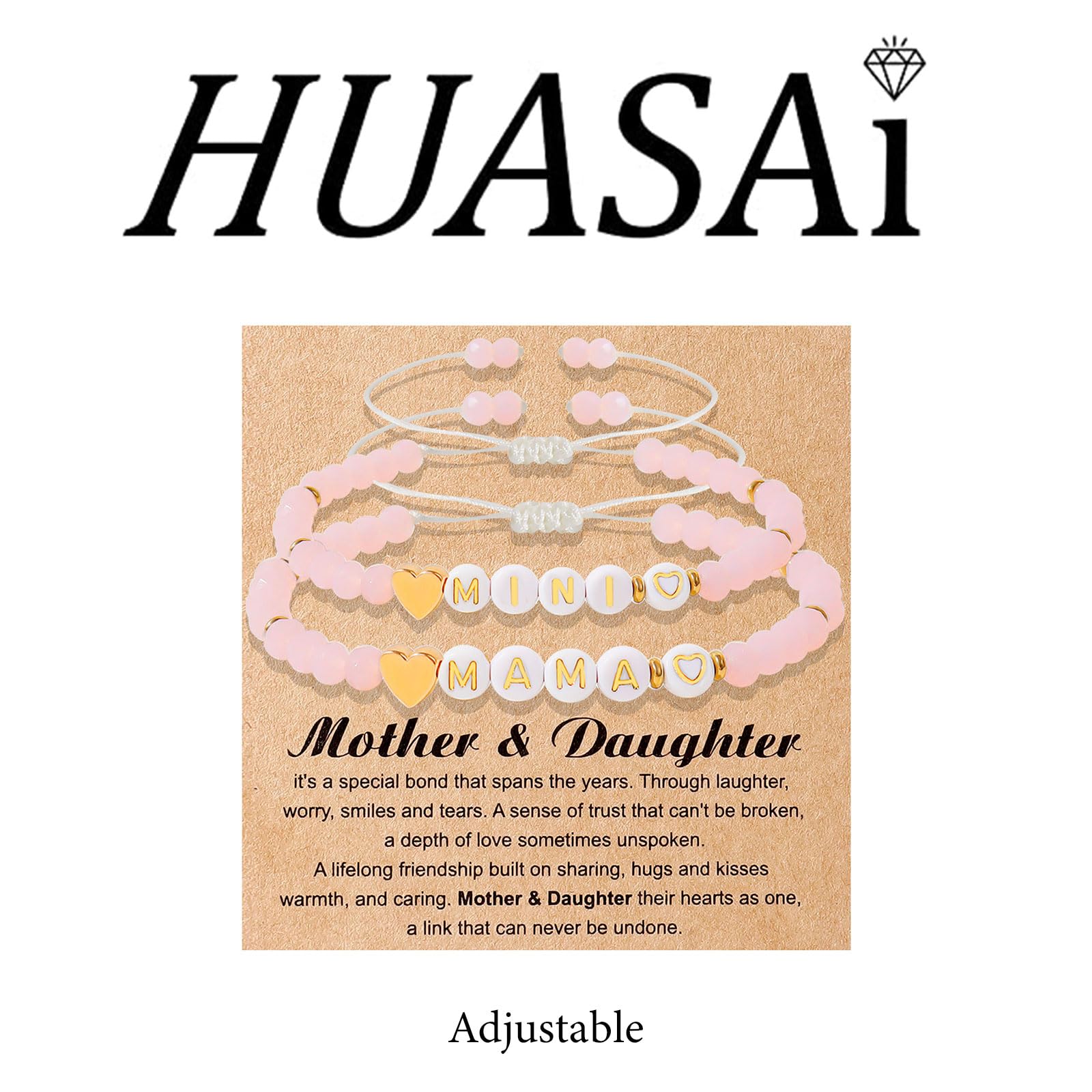 HUASAI Mother Daughter Matching Bracelets Set - 2 Heart Charm Bracelets for Women, Mom & Daughter | Gift with Card for Birthday, Anniversary, Christmas