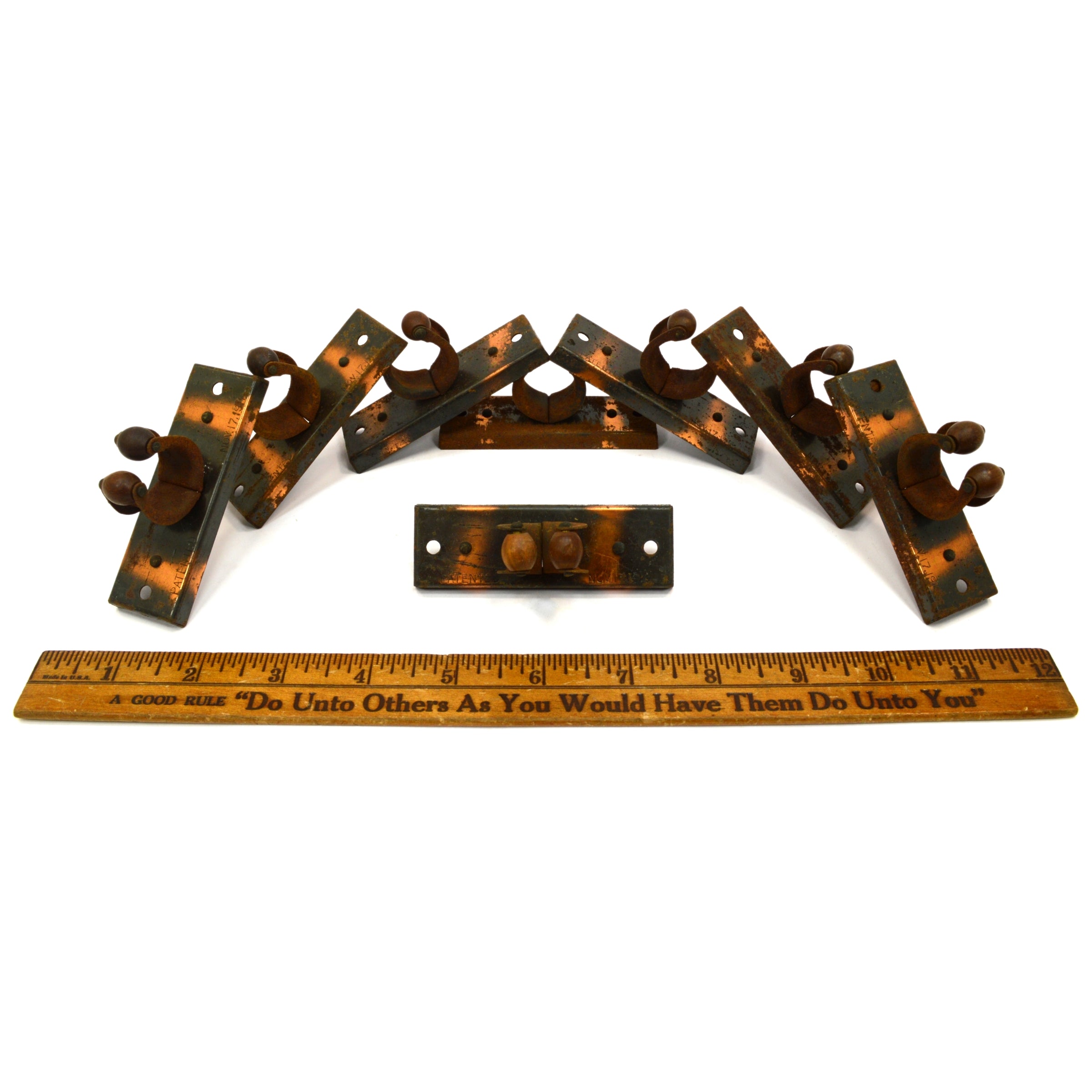 Vintage Pool Cue Stick Rack Clips - Set of 8 Antique Wood & Steel Billiard Accessories c.1914 - Perfect for Billiard Room Decor and Pool Table Organization