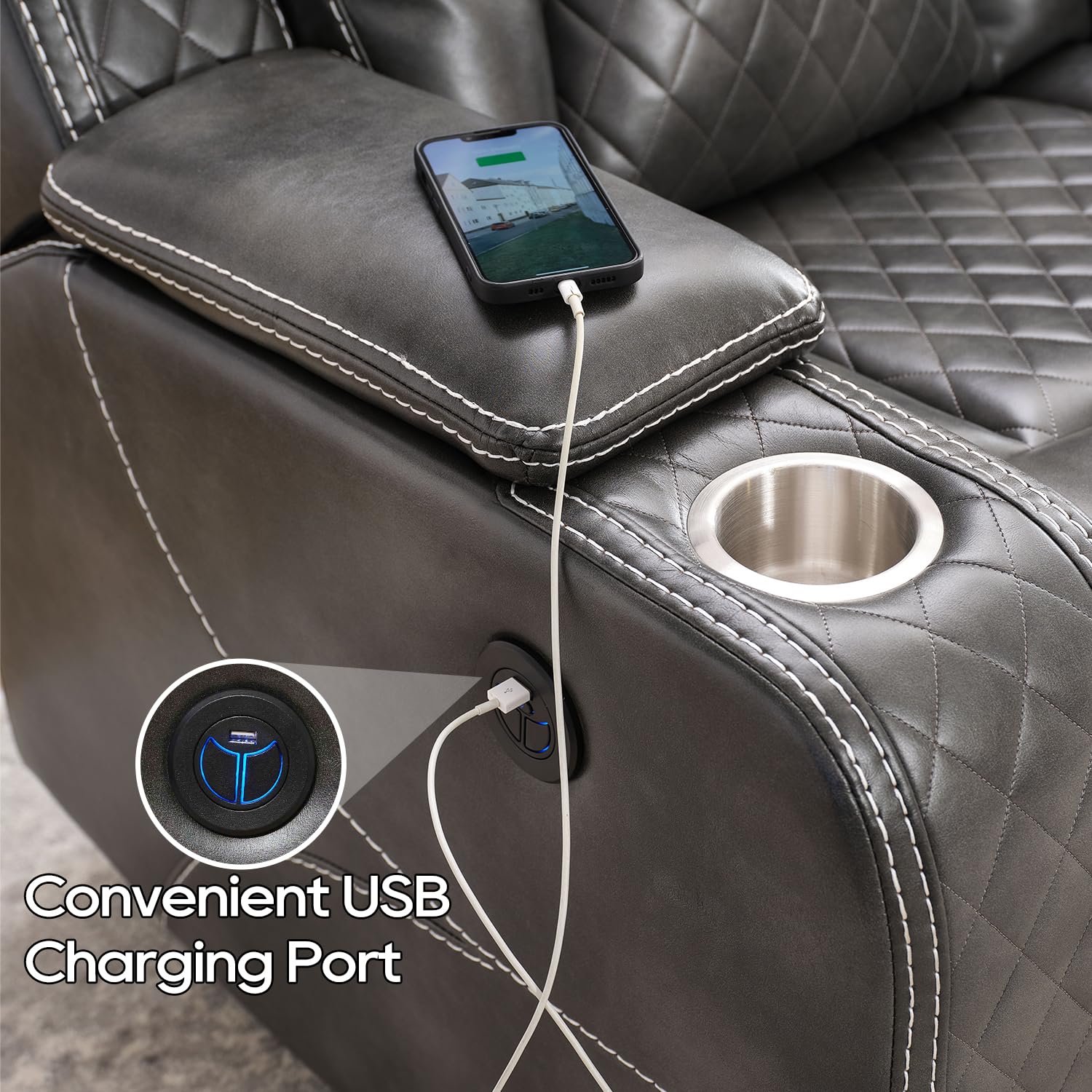 Premium Faux Leather Power Recliner Sofa Set with Bass Speaker & Wireless Charger - 3-Seater Reclining Couch & Loveseat with LED Lights & Reading Light for Living Room, Home Theater - Perfect for Movie Nights, Gaming & Relaxation (Grey)