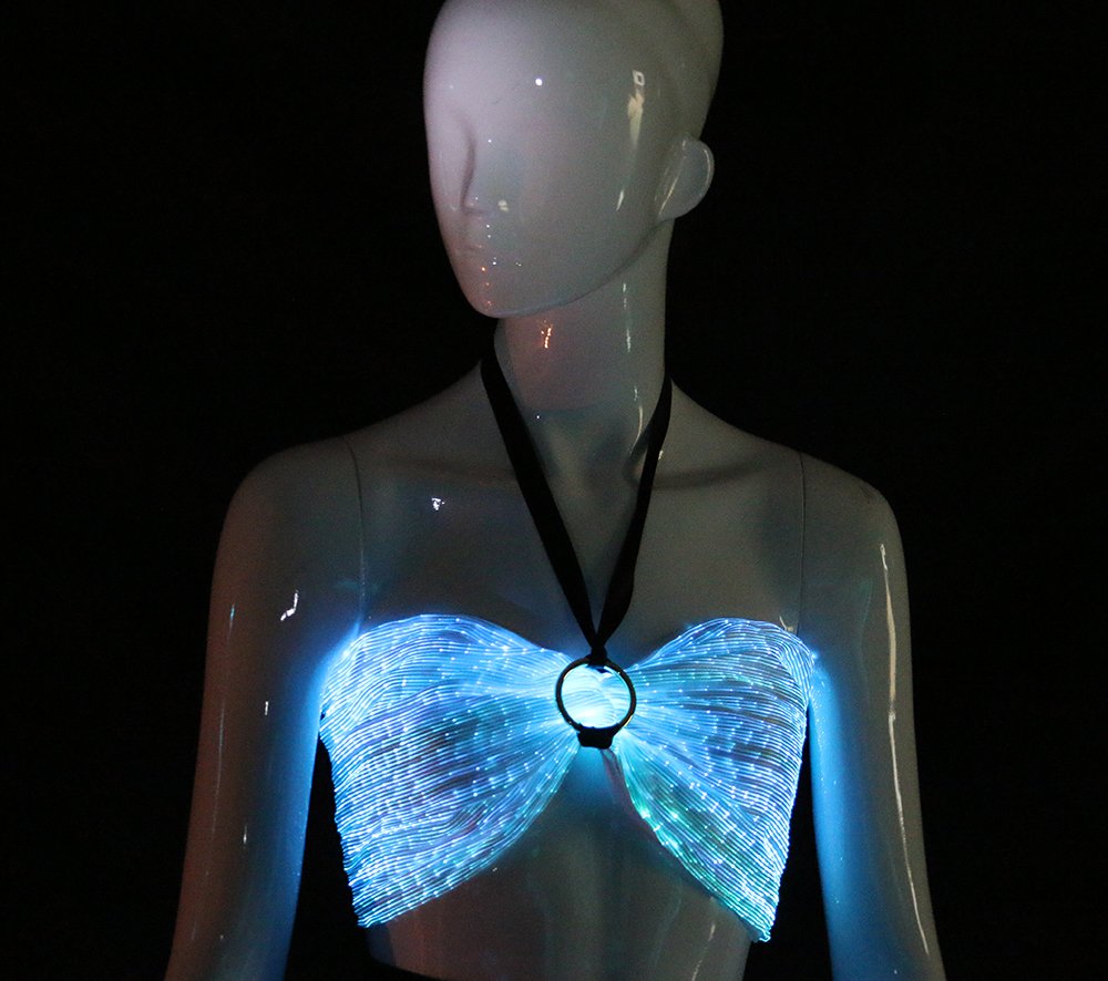 LED Light Up Backless Bra - Wireless Fiber Optic Dance Costume Top with Glow in Dark & Mobile App Control (XL, White) for Rave, EDM Festivals & Nightclub Performances